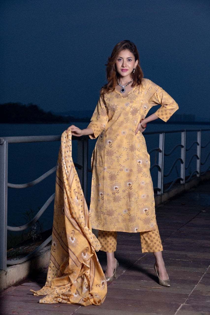 Yellow Printed Premium Cotton Kurta Dupatta Pant Set