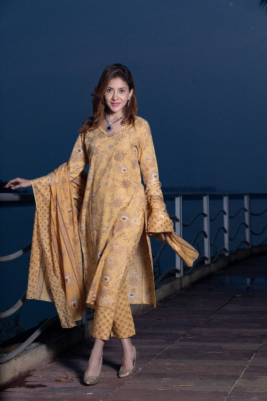 Yellow Printed Premium Cotton Kurta Dupatta Pant Set