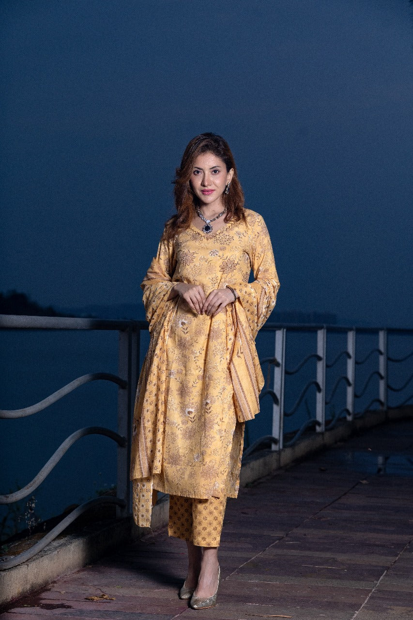 Yellow Printed Premium Cotton Kurta Dupatta Pant Set