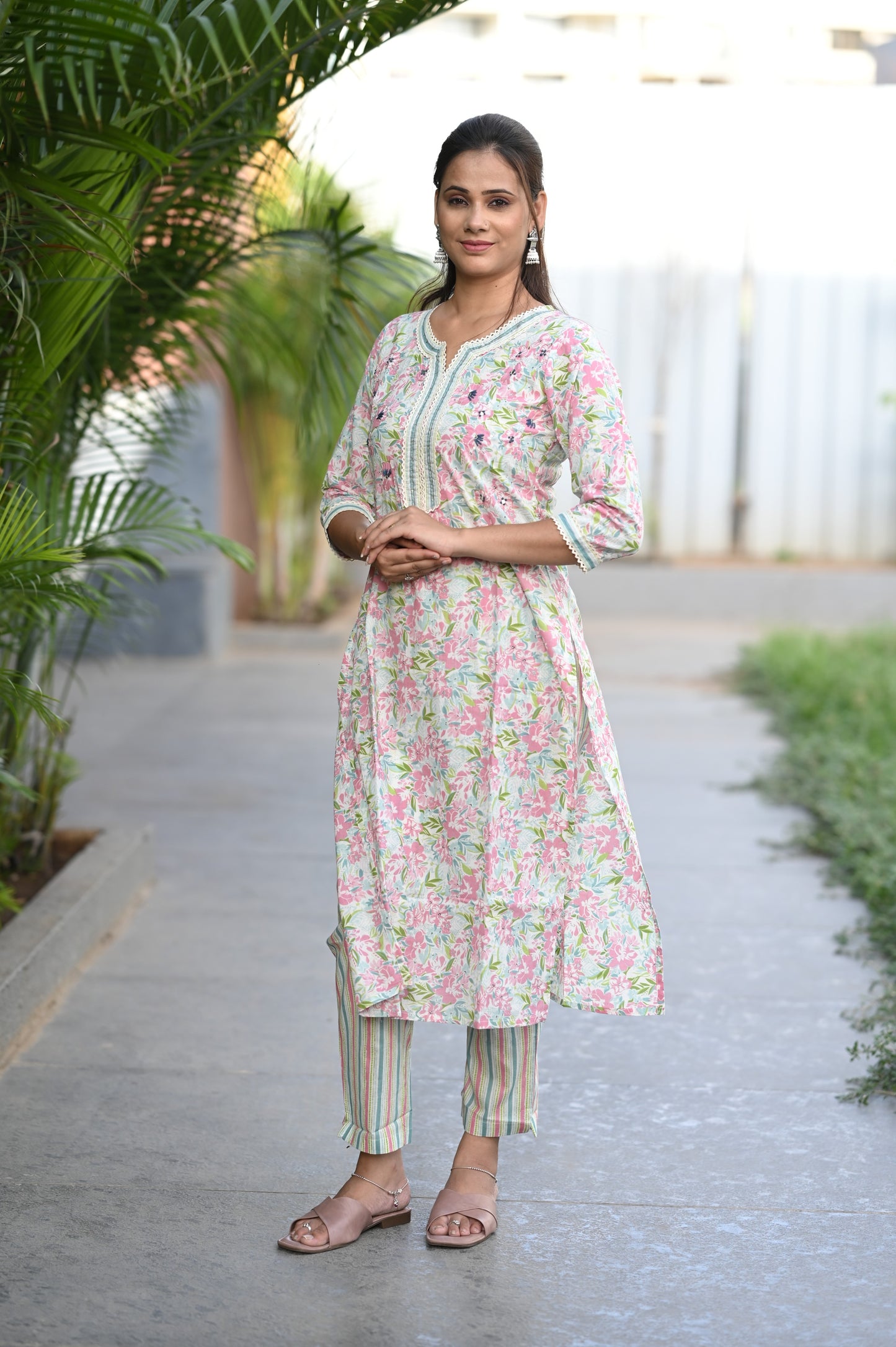 Rose Pink Floral Printed Premium Cotton Straight Kurta Pant Set