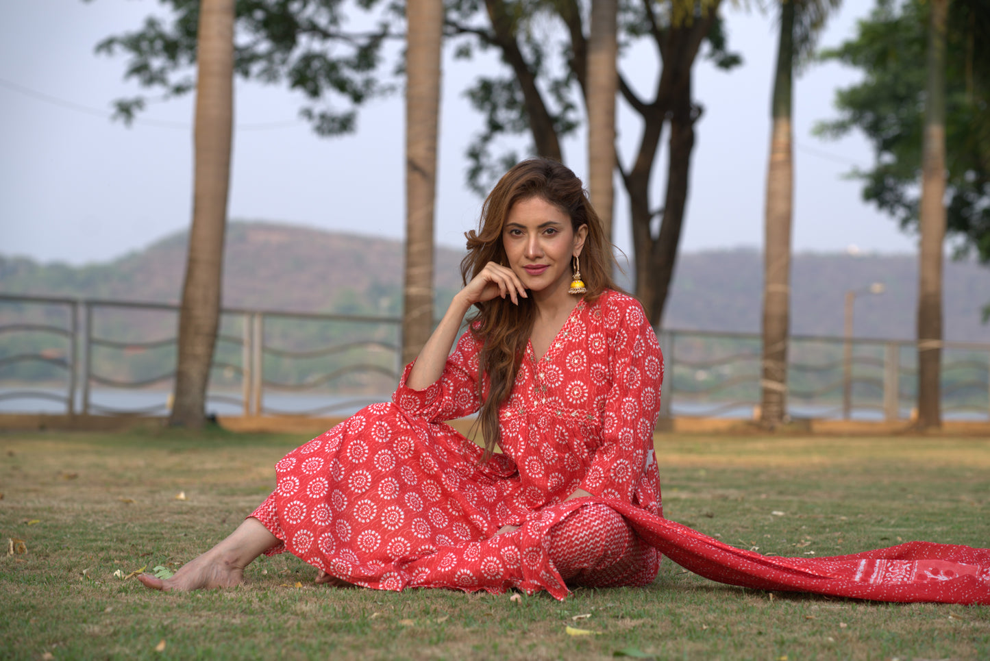 Red Alia Cut A-Line Side Slit Cotton Kurta Pant Dupatta Set