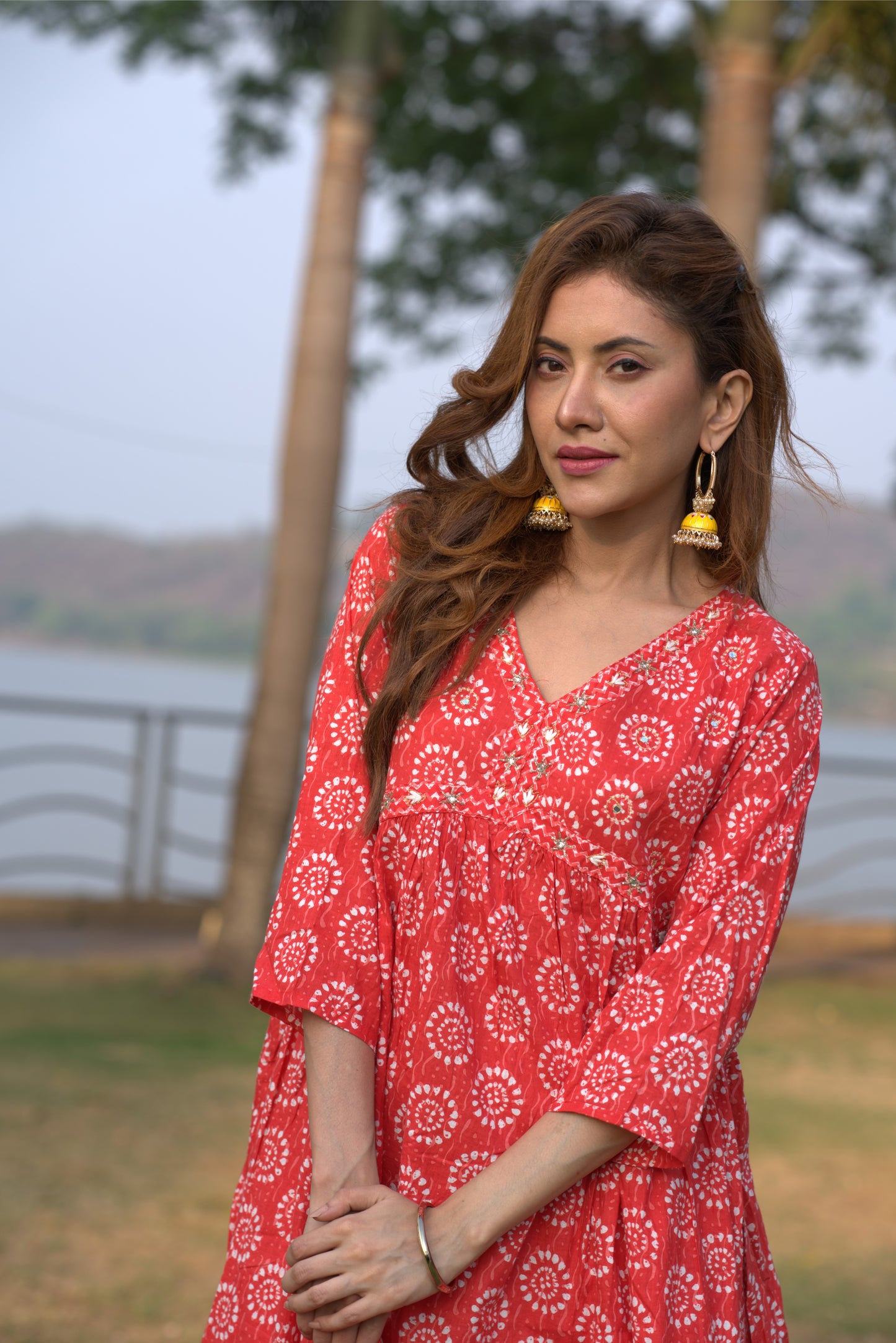 Red Alia Cut A-Line Side Slit Cotton Kurta Pant Dupatta Set