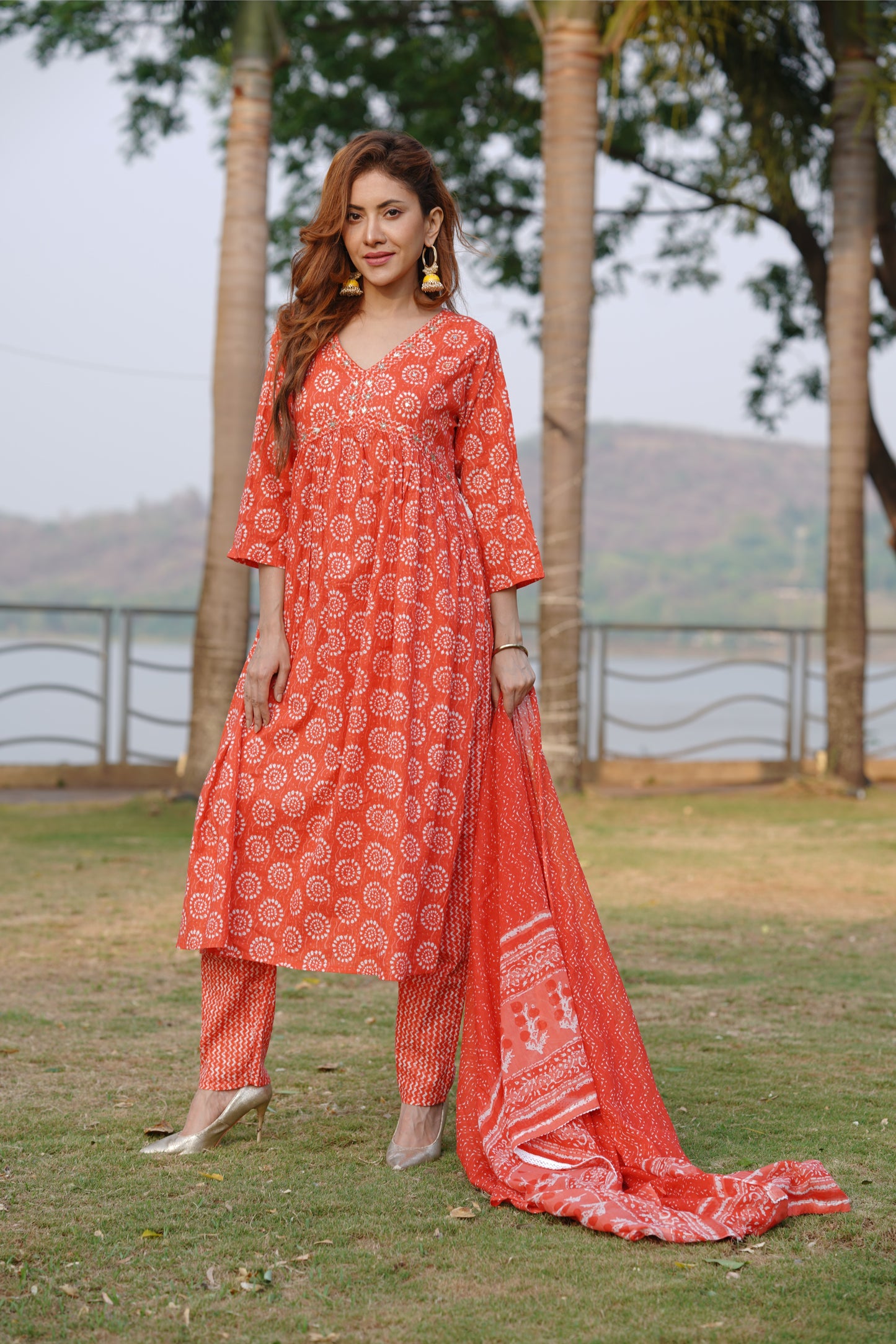 Red Alia Cut A-Line Side Slit Cotton Kurta Pant Dupatta Set
