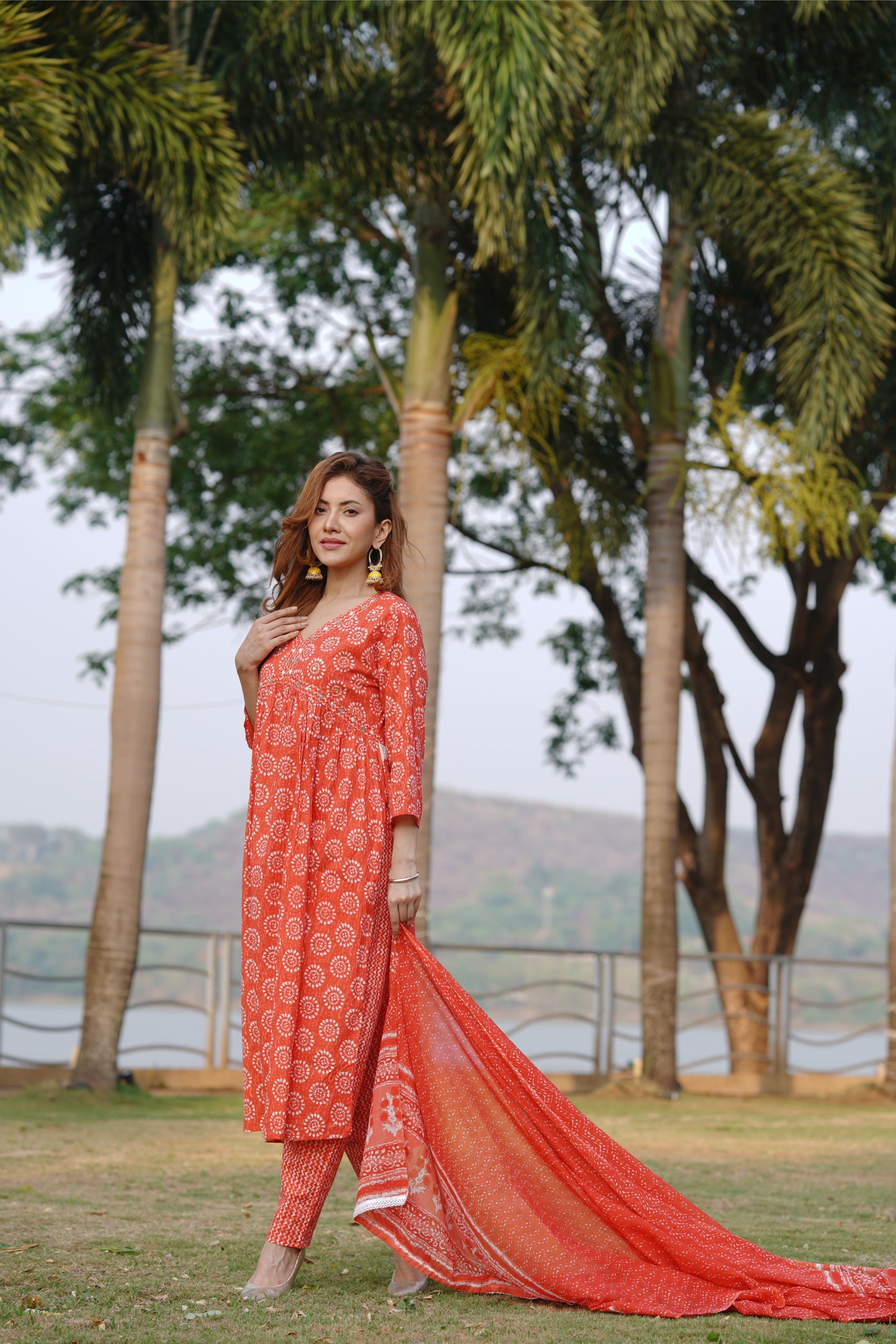Red Alia Cut A-Line Side Slit Cotton Kurta Pant Dupatta Set
