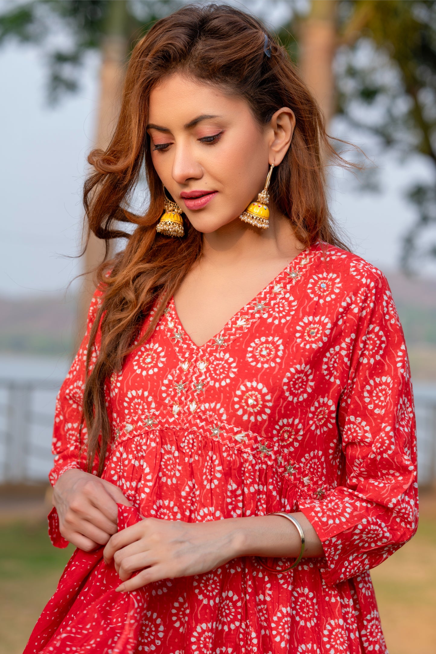 Red Alia Cut A-Line Side Slit Cotton Kurta Pant Dupatta Set