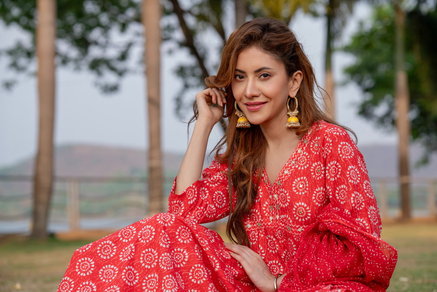 Red Alia Cut A-Line Side Slit Cotton Kurta Pant Dupatta Set