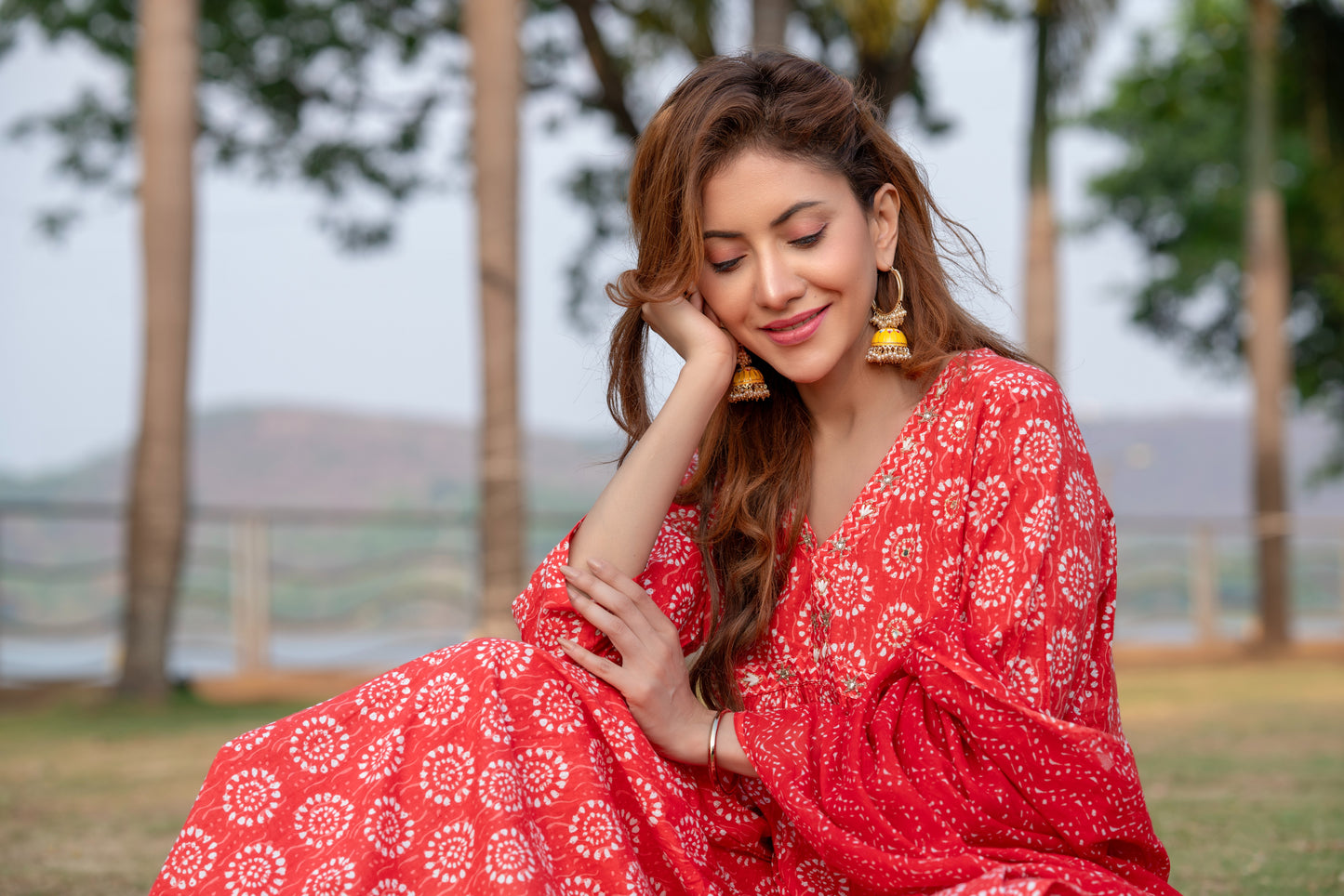 Red Alia Cut A-Line Side Slit Cotton Kurta Pant Dupatta Set