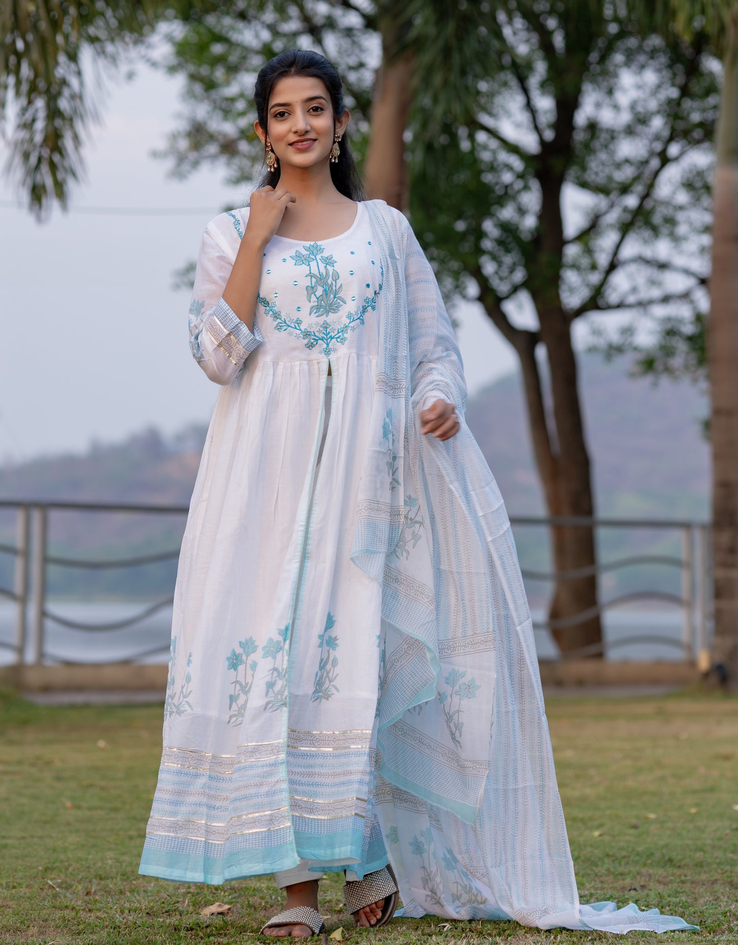 White Floral Block Printed Front Slit White Anarkali Kurta Pant Dupatta Set