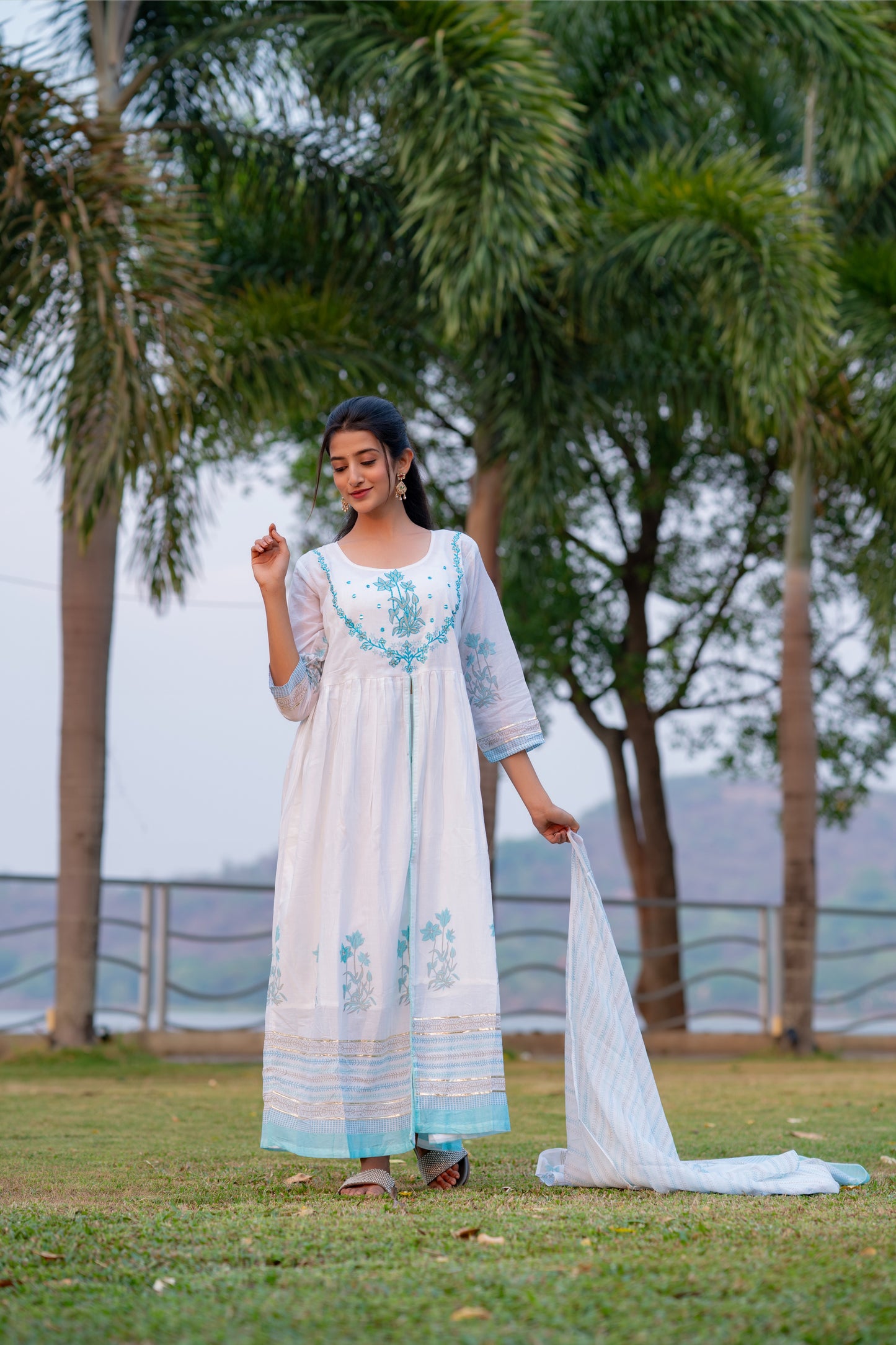 White Floral Block Printed Front Slit White Anarkali Kurta Pant Dupatta Set