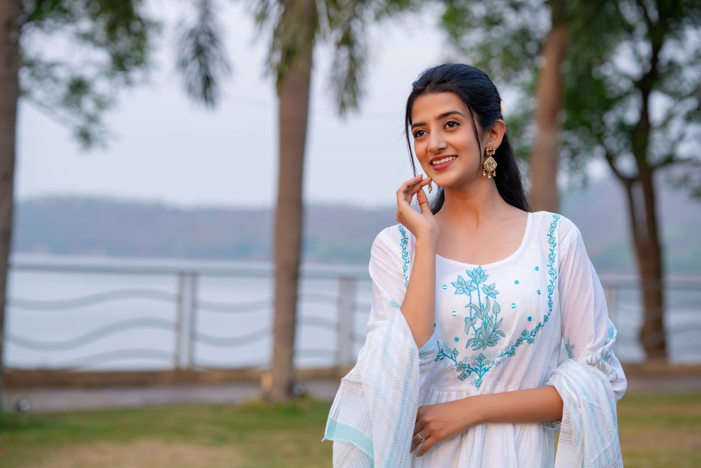 White Floral Block Printed Front Slit White Anarkali Kurta Pant Dupatta Set