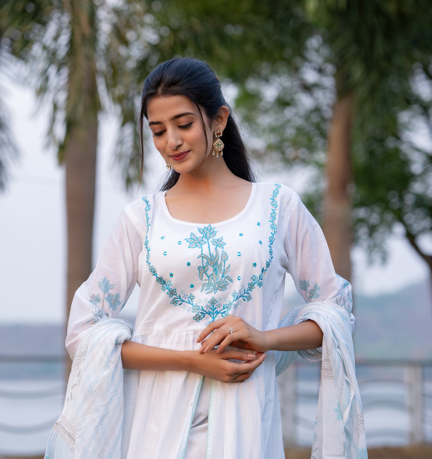 White Floral Block Printed Front Slit White Anarkali Kurta Pant Dupatta Set