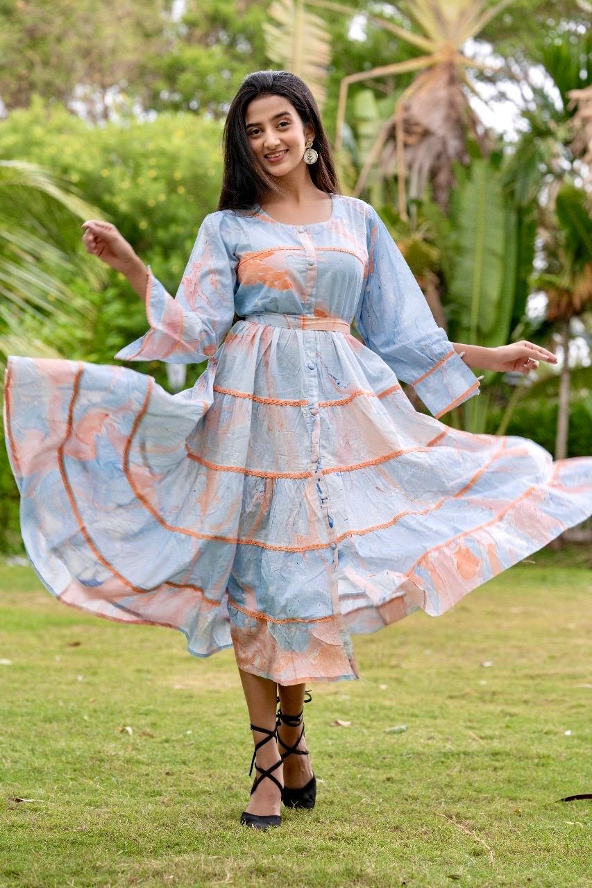 Blue Marbel Oil Print Premium Cotton Dress