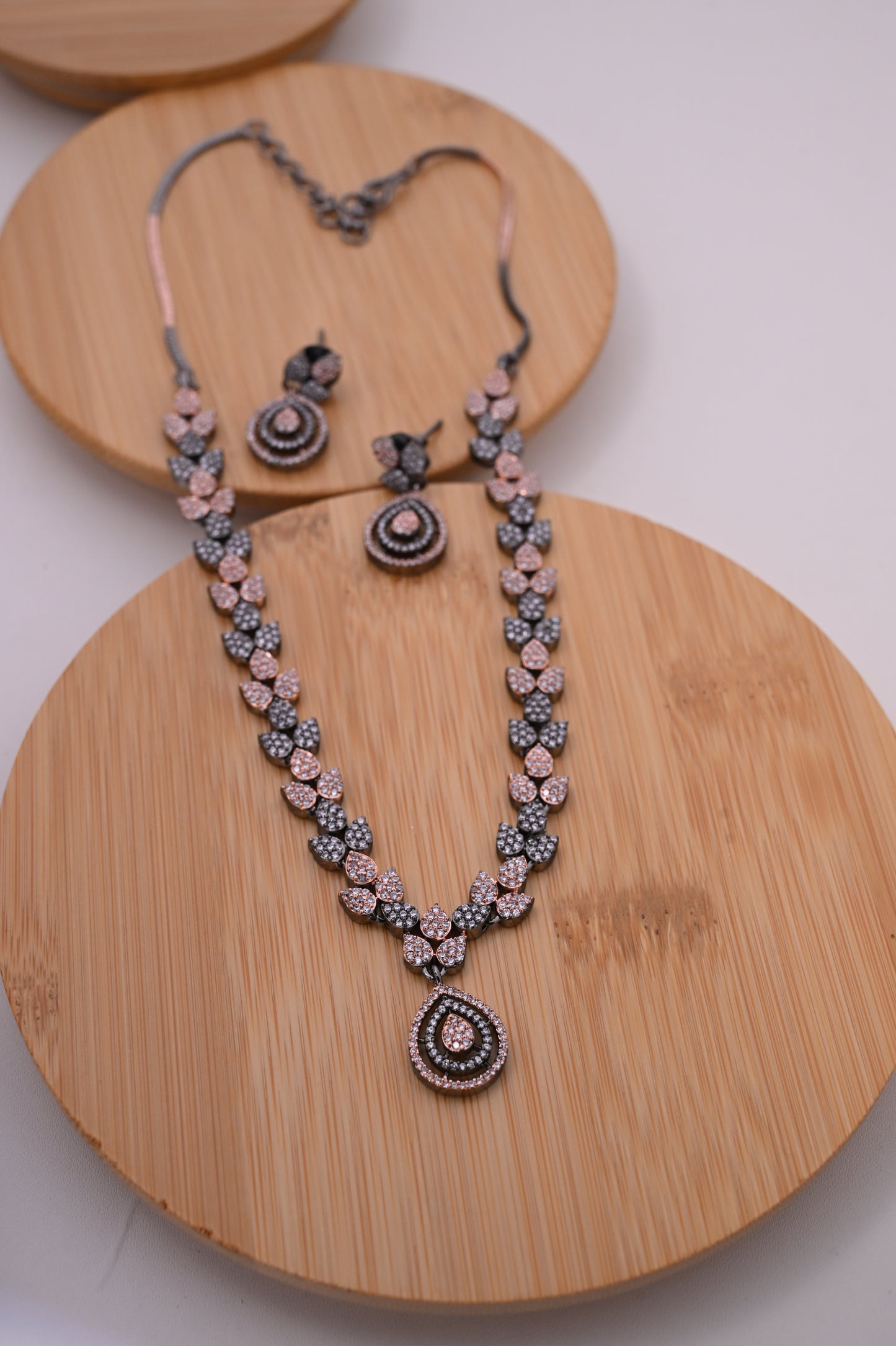 Rose Gold Finish Micro American Diamond Pendent Necklace Set