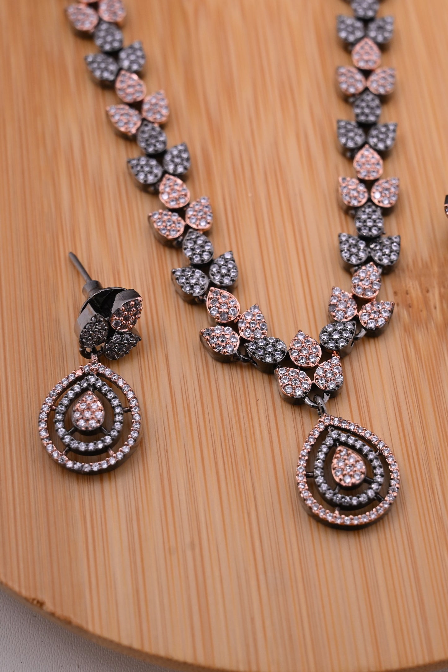 Rose Gold Finish Micro American Diamond Pendent Necklace Set