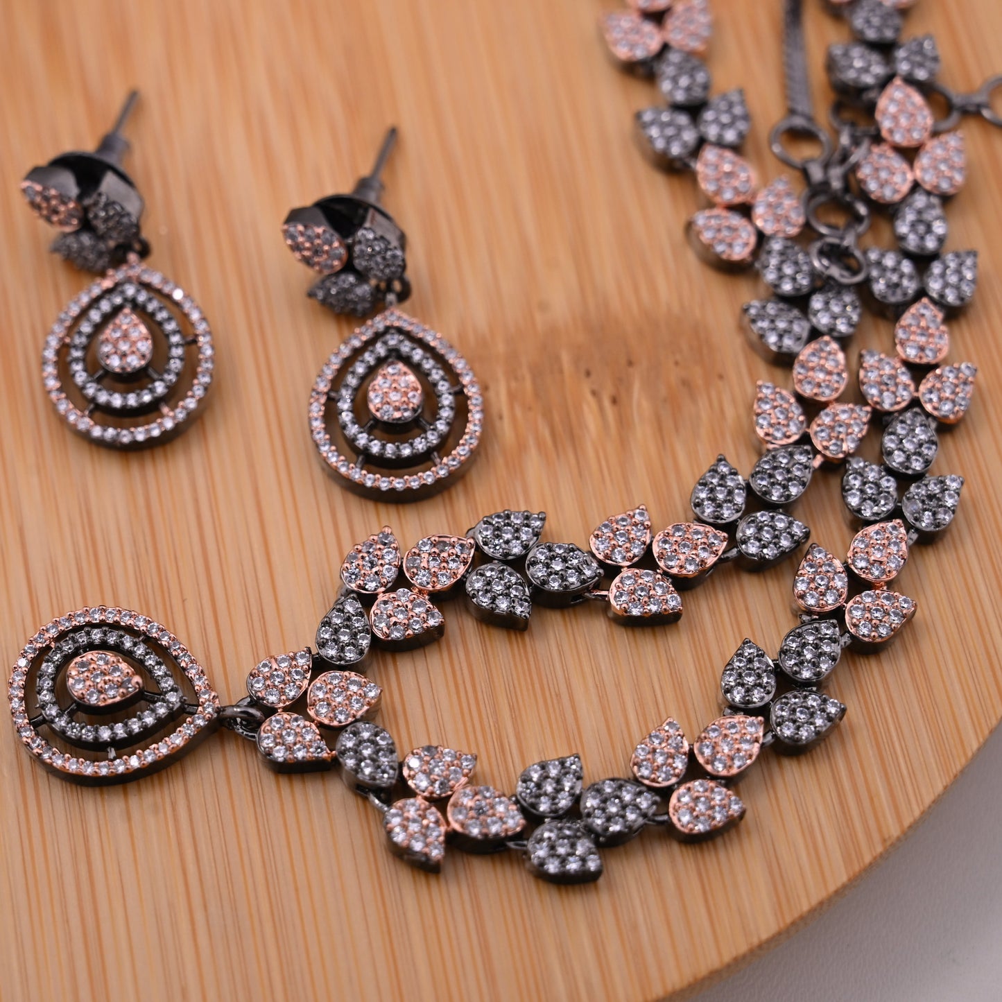 Rose Gold Finish Micro American Diamond Pendent Necklace Set