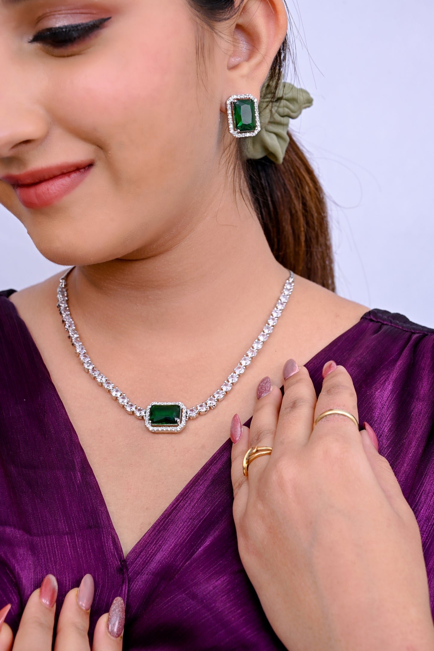 CZ Zirconia Rhodium Plated Choker Necklace Set