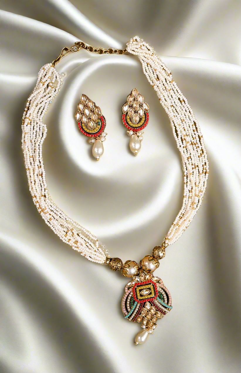 Victorian Pearl Beads Kundan Necklace Set