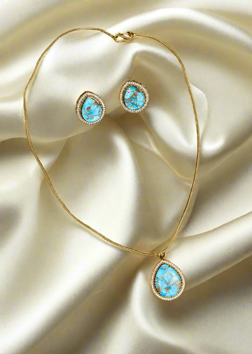 CZ Diamond Natural Doublet Stone Pendant Chain Set
