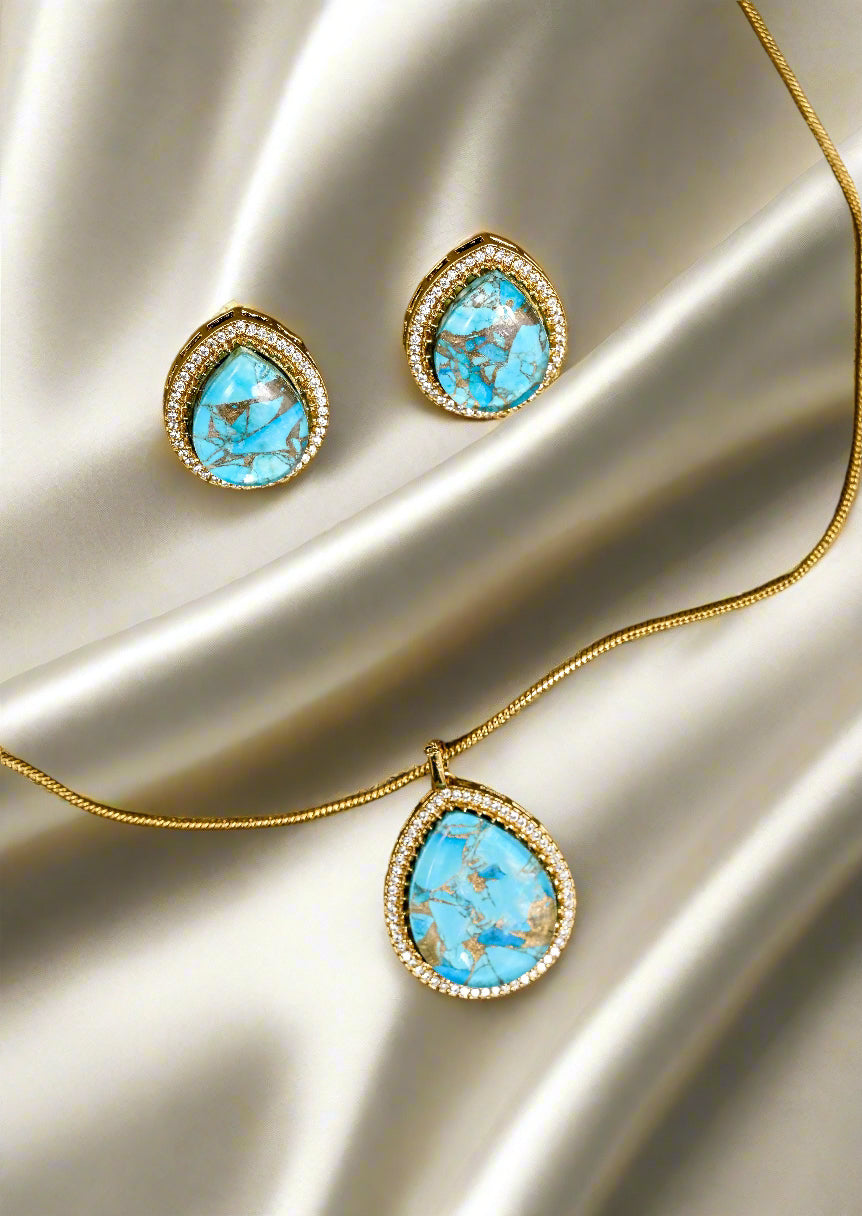 CZ Diamond Natural Doublet Stone Pendant Chain Set