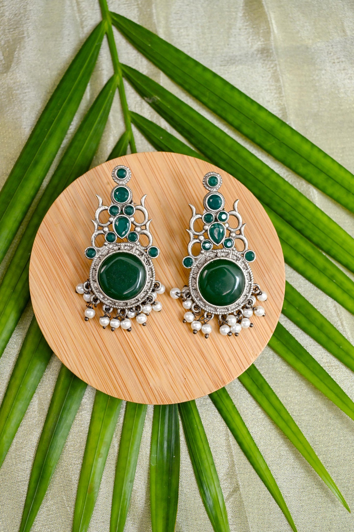 Pure Brass Natural Stone Studded Drop Earrings