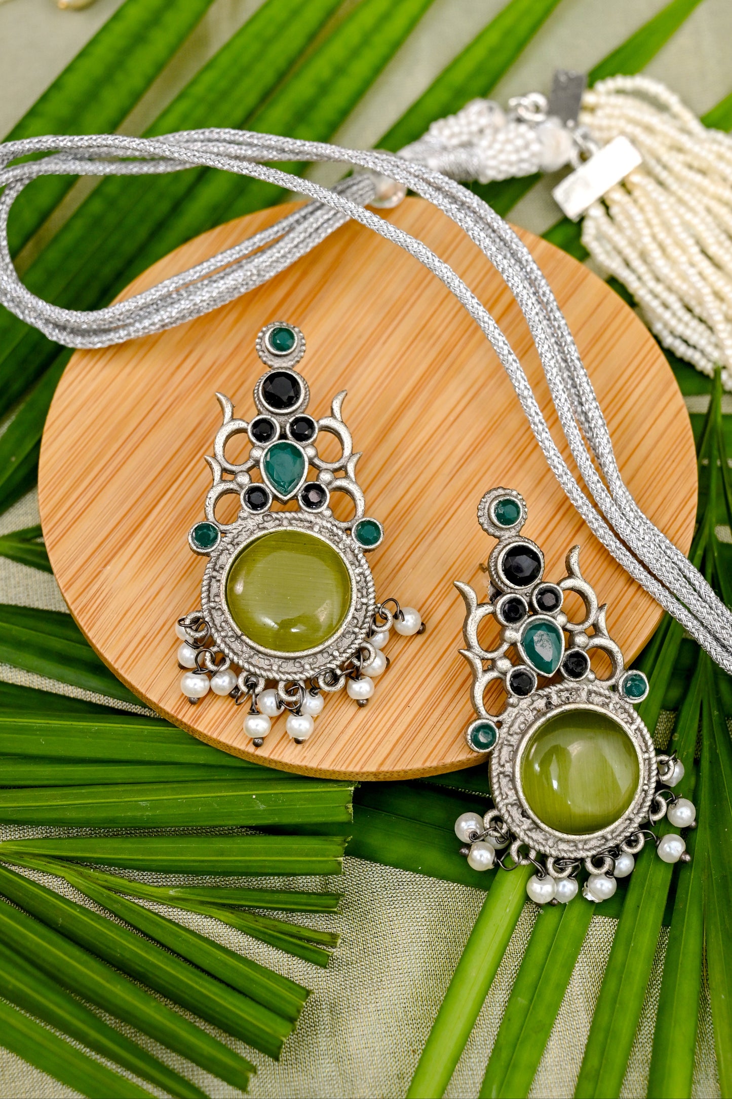 Pure Brass Natural Stone Studded Drop Earrings
