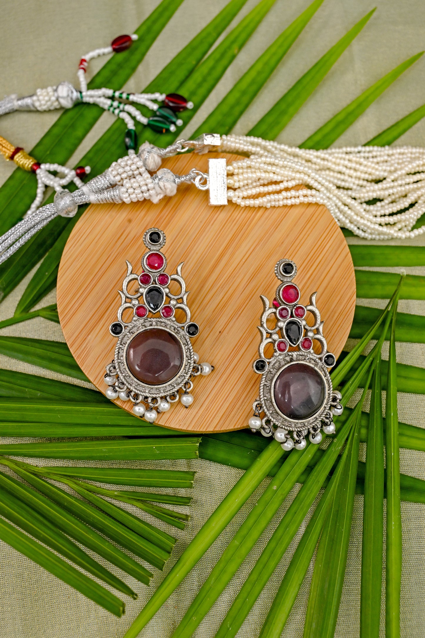 Pure Brass Natural Stone Studded Drop Earrings