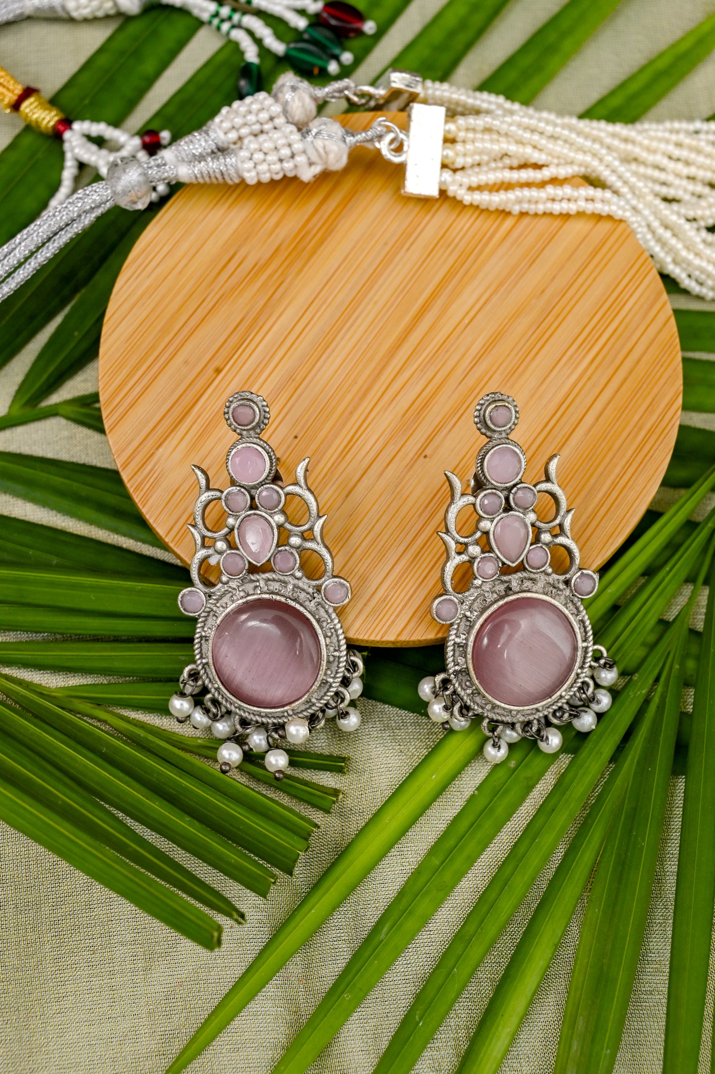 Pure Brass Natural Stone Studded Drop Earrings