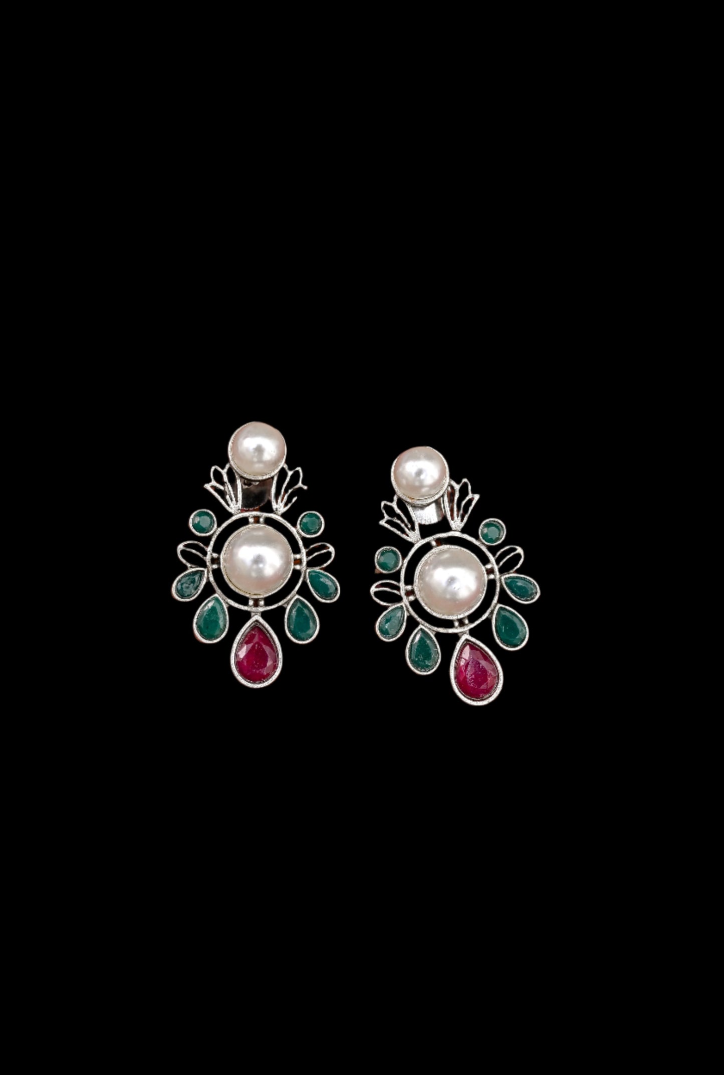 Vintage Silver Kundan Pearl Beaded Drop Earrings
