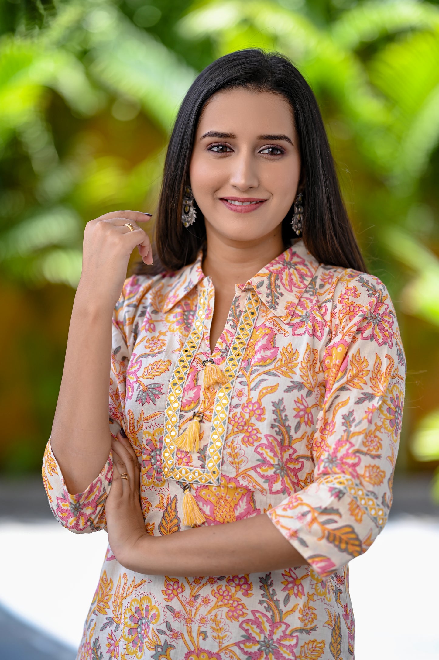 Yellow Floral Printed Cotton Short Kurti