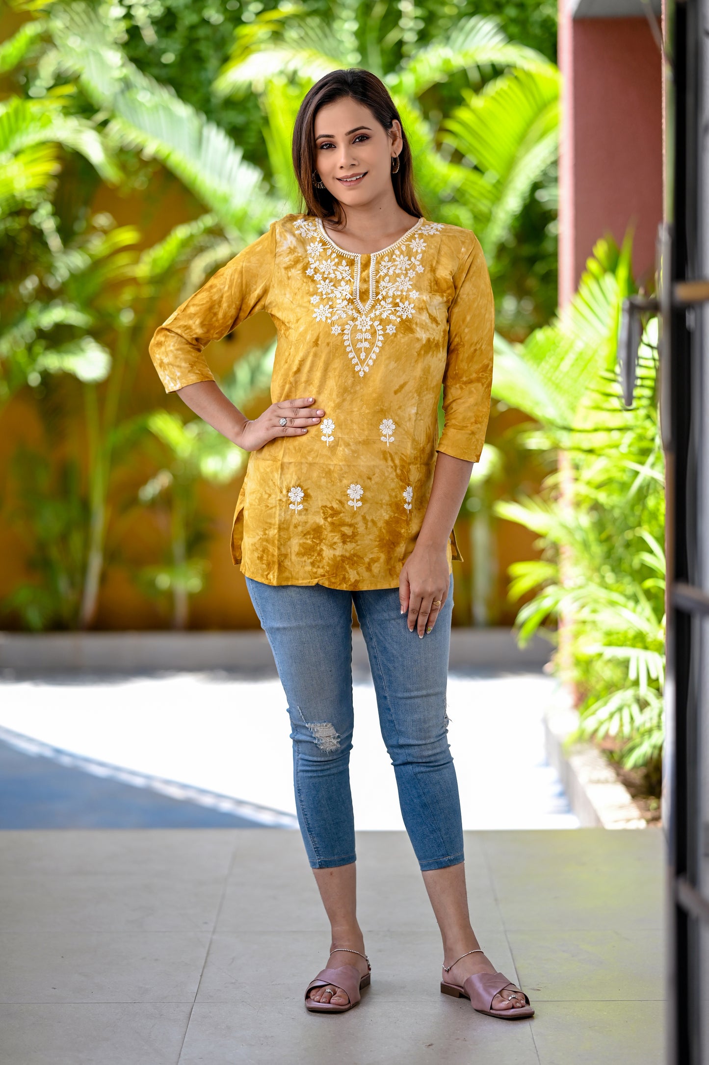 Yellow Tie Dye hand Chikankari Cotton Short Kurti
