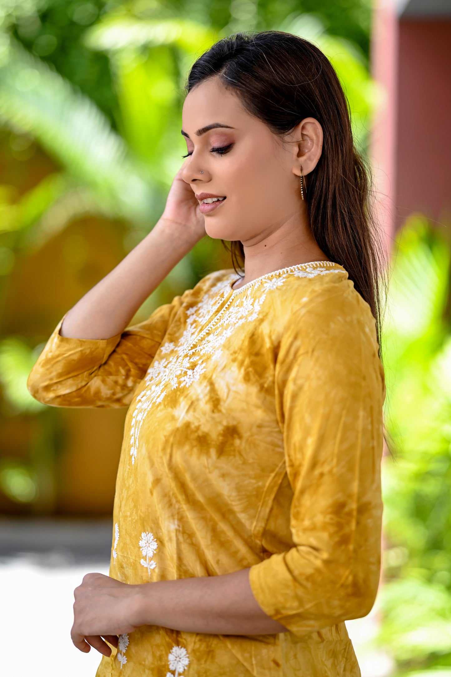Yellow Tie Dye hand Chikankari Cotton Short Kurti