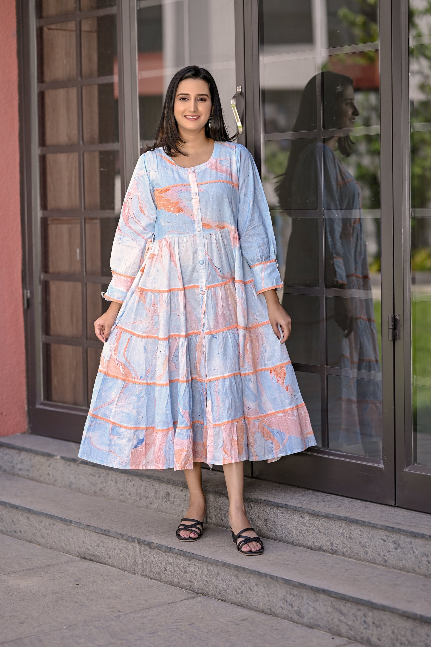 Blue Marbel Oil Print Premium Cotton Dress