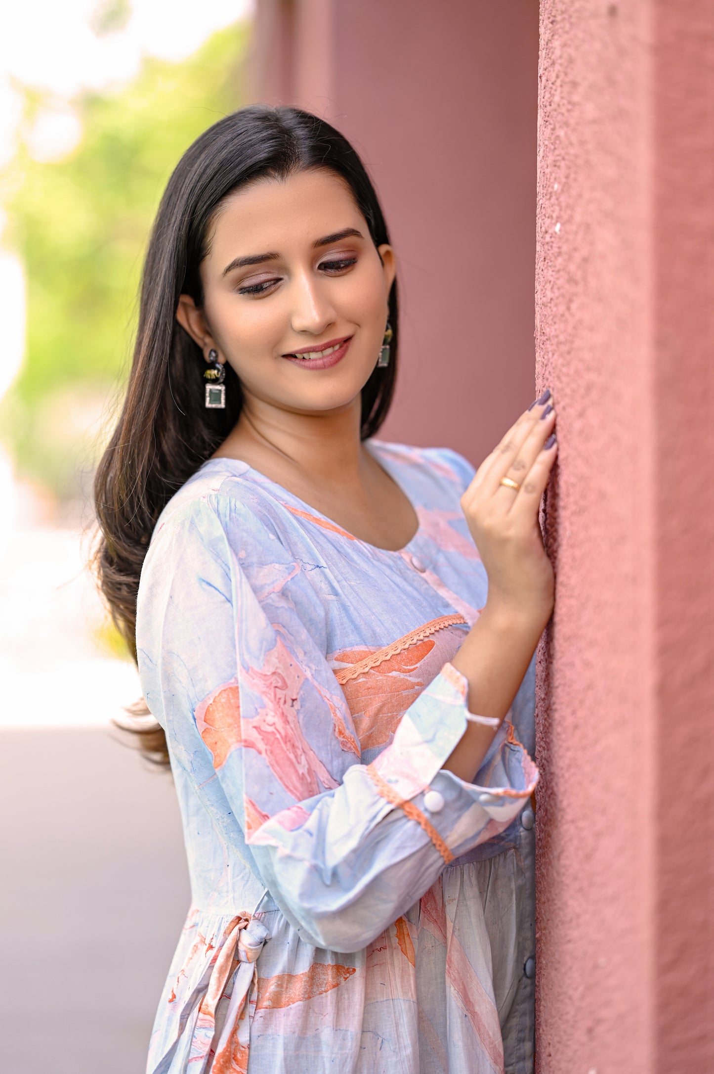 Blue Marbel Oil Print Premium Cotton Dress