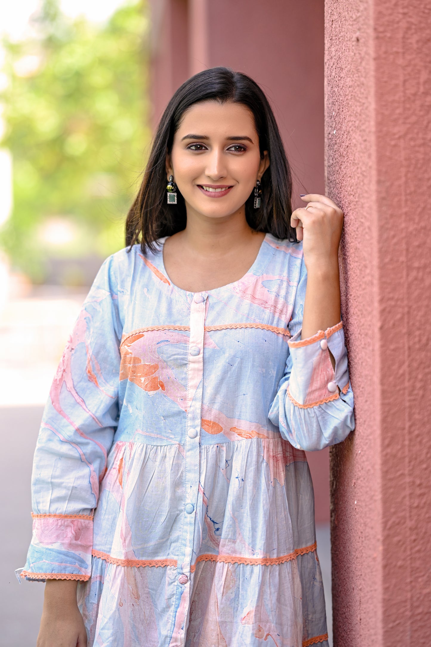 Blue Marbel Oil Print Premium Cotton Dress