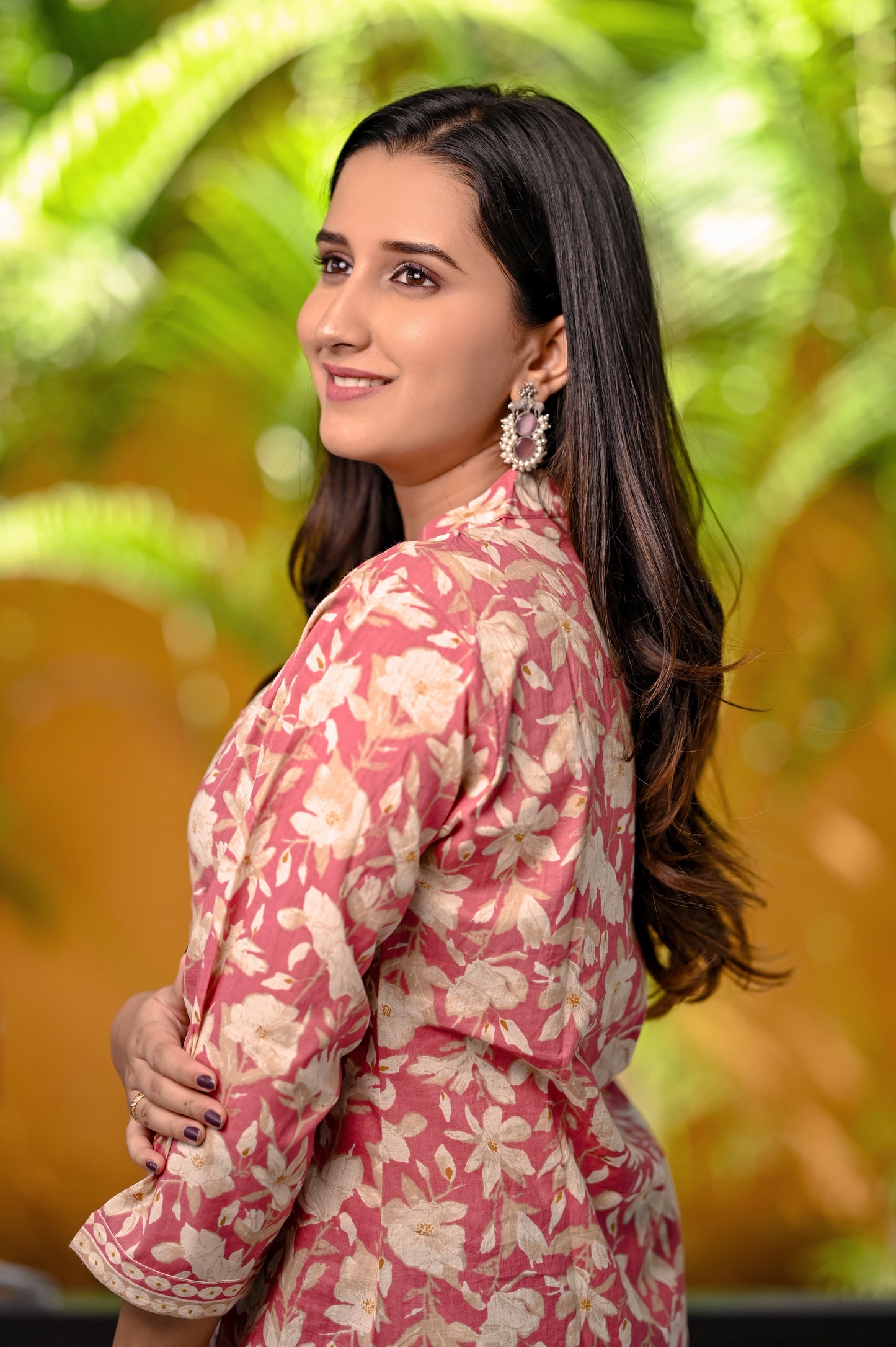 Rouge Pink Floral Brush Printed Designer Neck Straight Kurta