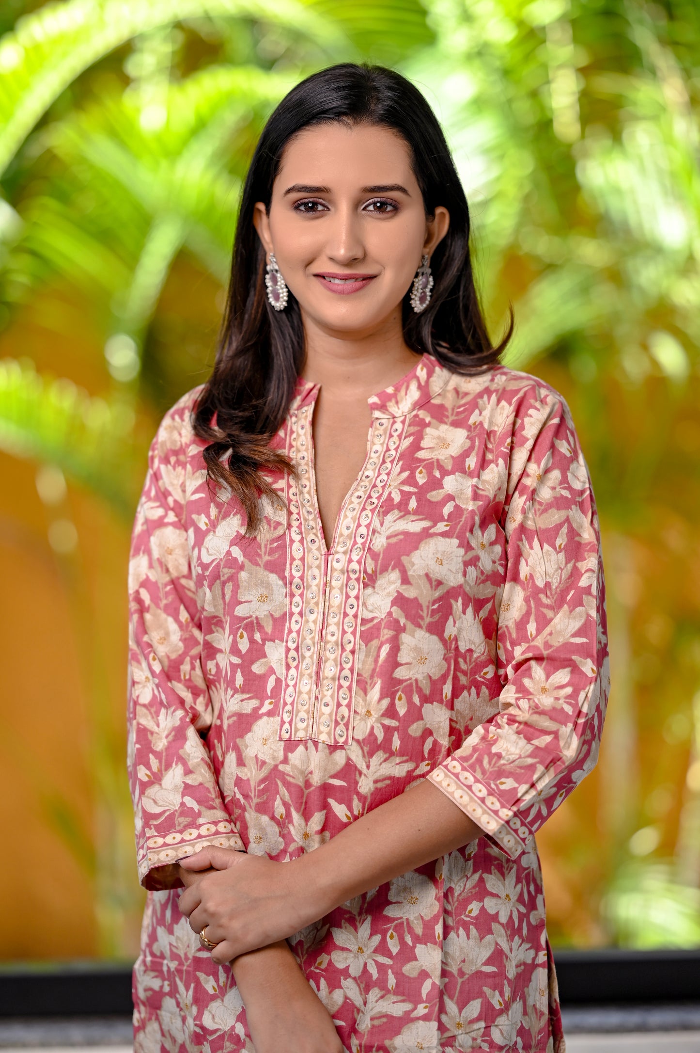Rouge Pink Floral Brush Printed Designer Neck Straight Kurta