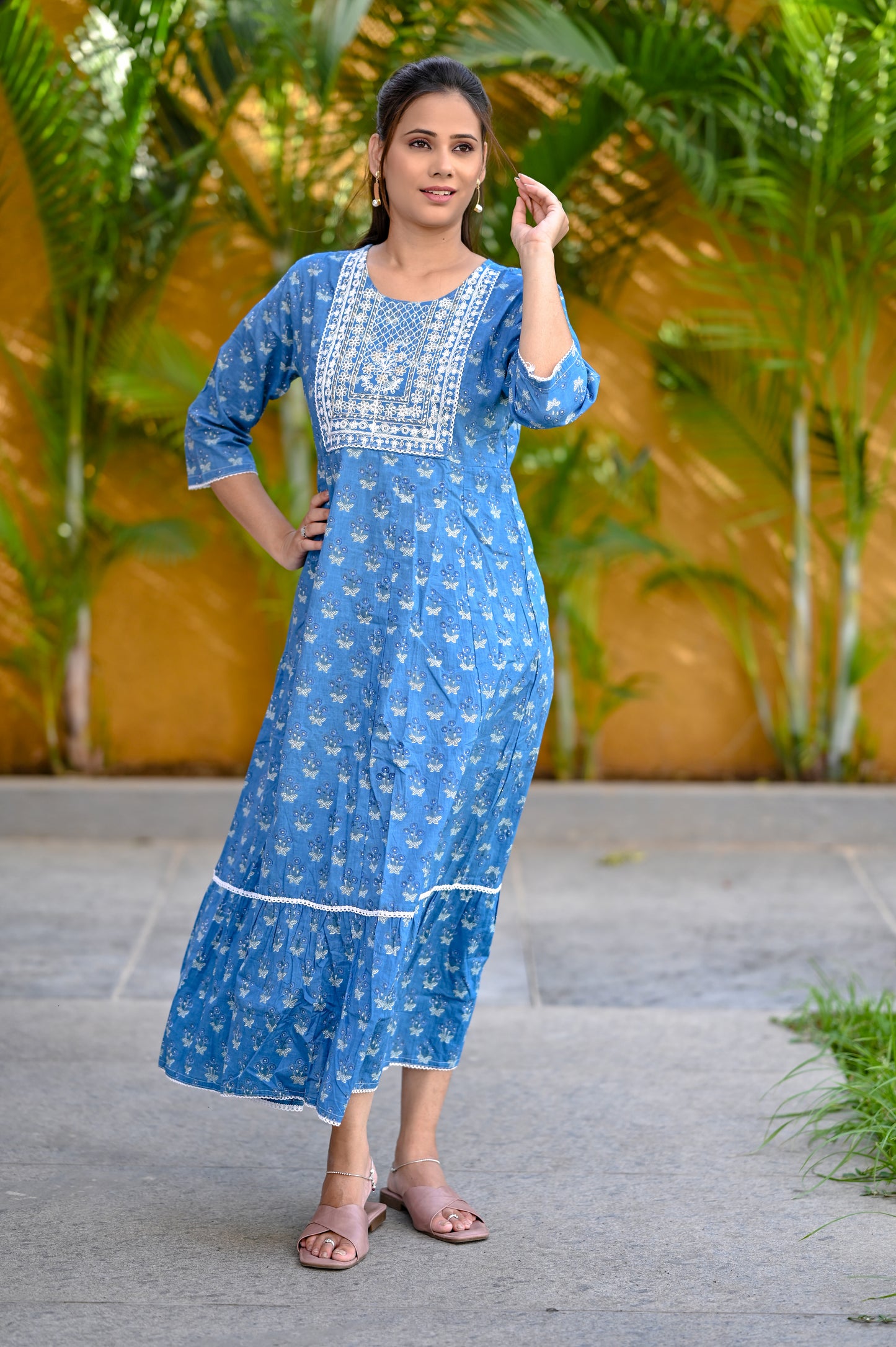 True Blue & White Premium Cotton Maxi Dress