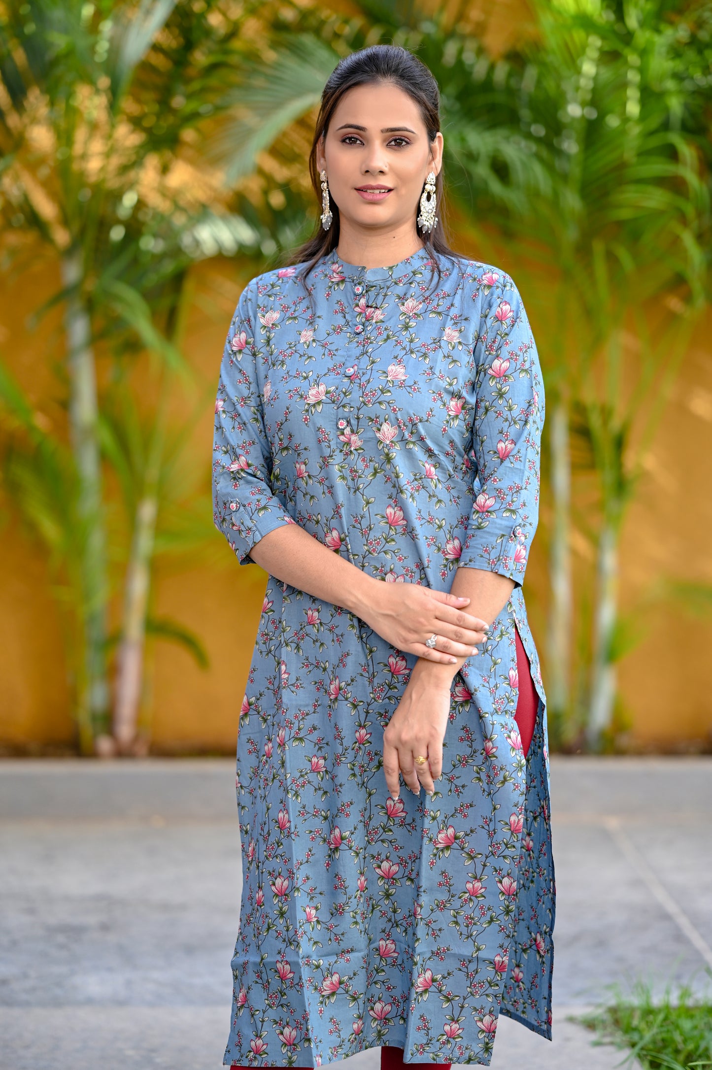 Stone Blue Floral Printed Straight Kurta