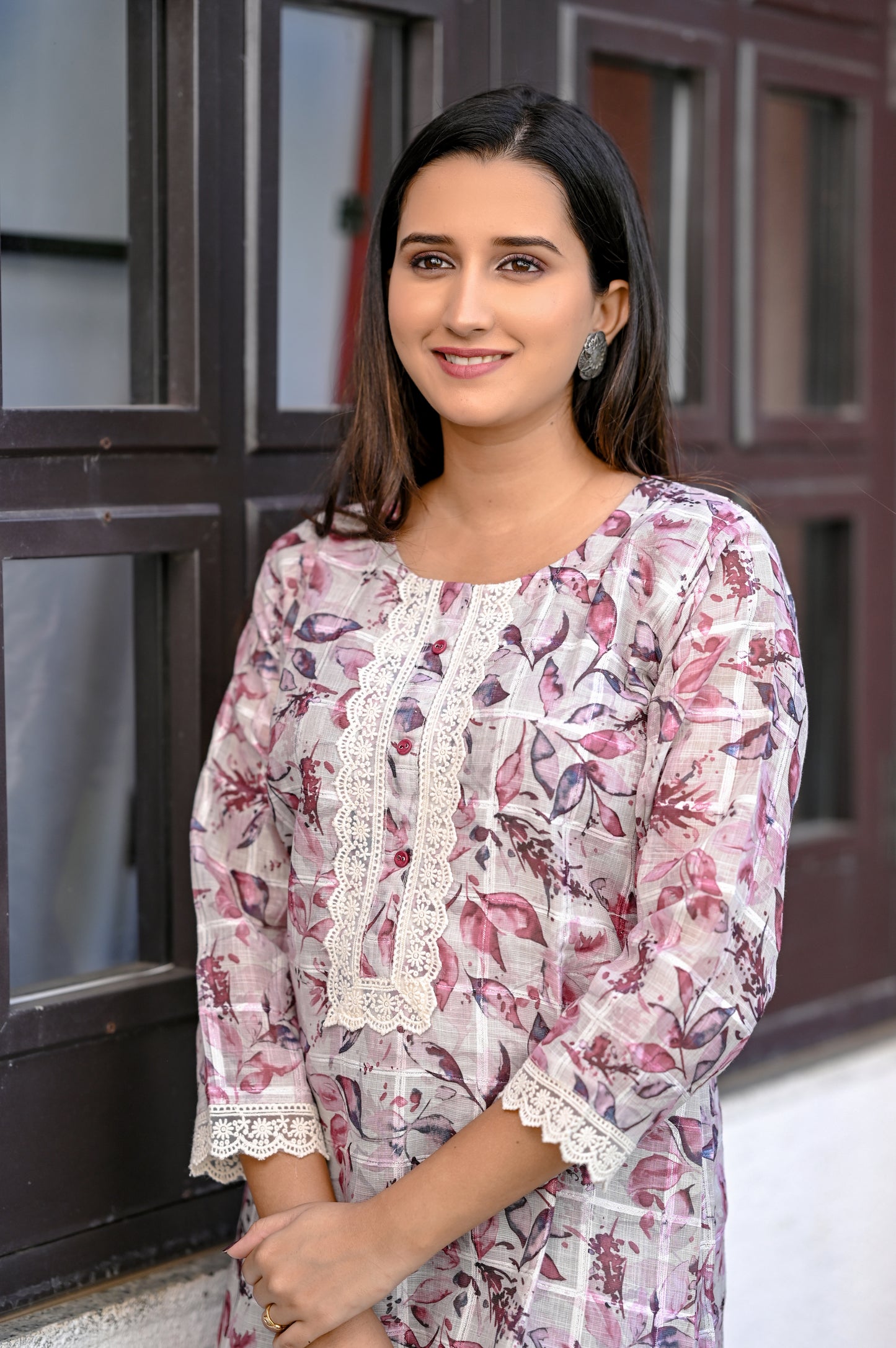 White Floral Printed Lace Work Straight Kurta