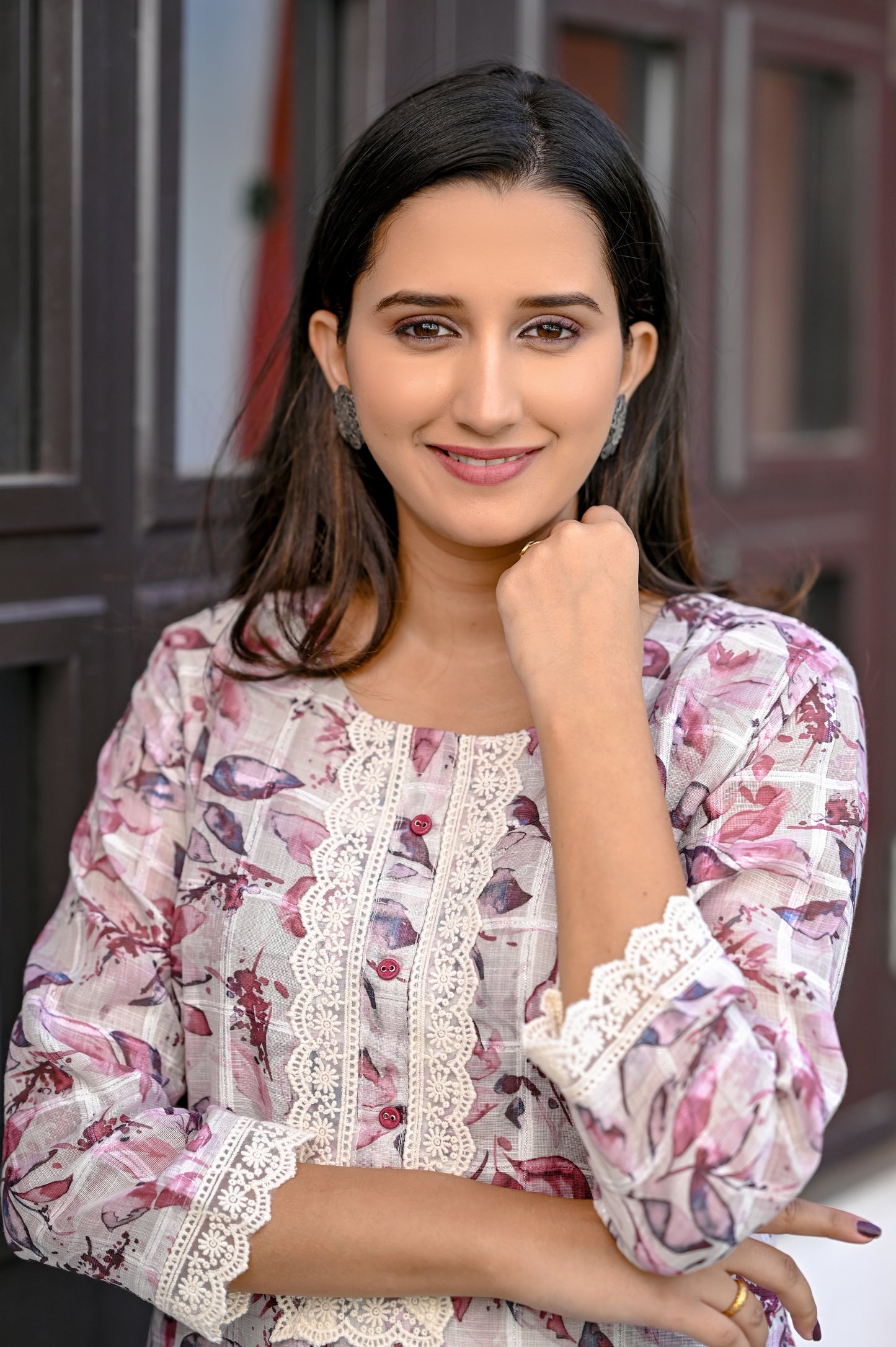 White Floral Printed Lace Work Straight Kurta