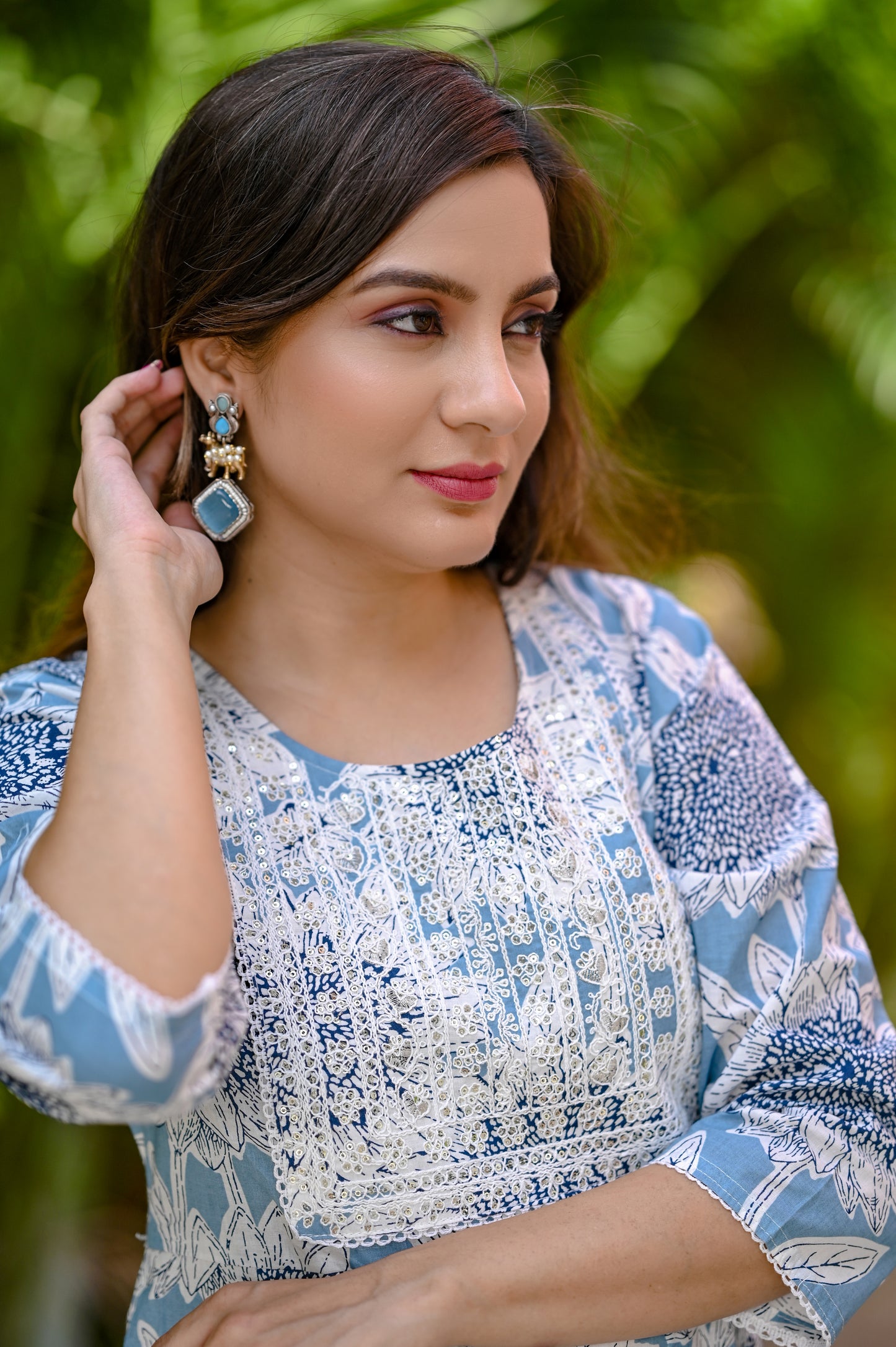 Sky Blue & White Floral Printed Premium Cotton Maxi Dress
