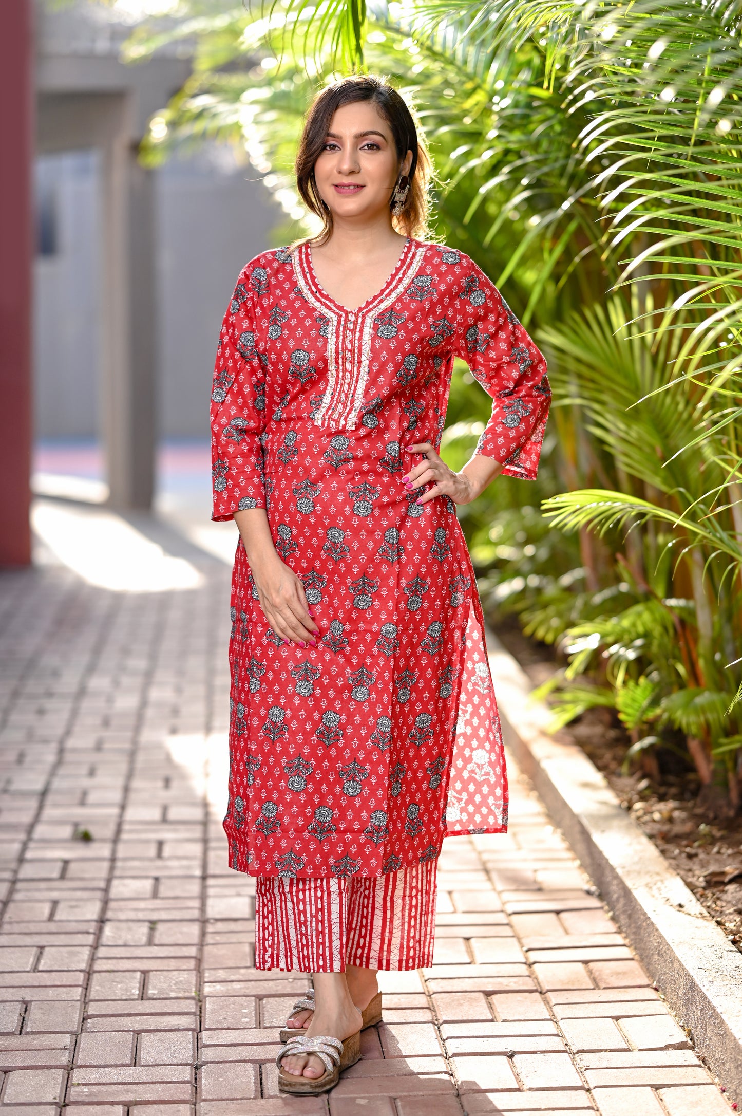 Red & White Printed Premium Cotton Straight Kurta Pant Set