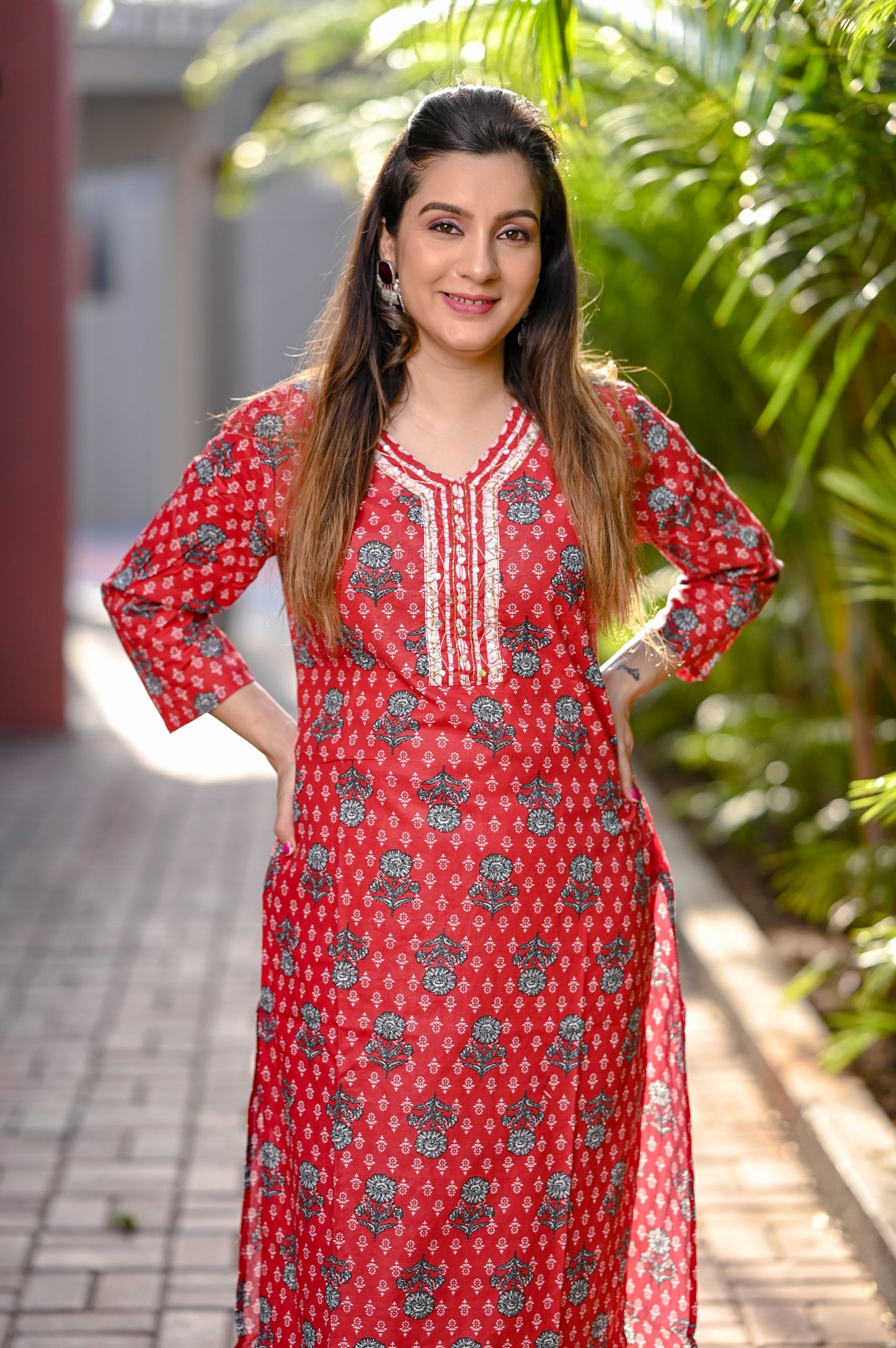 Red & White Printed Premium Cotton Straight Kurta Pant Set