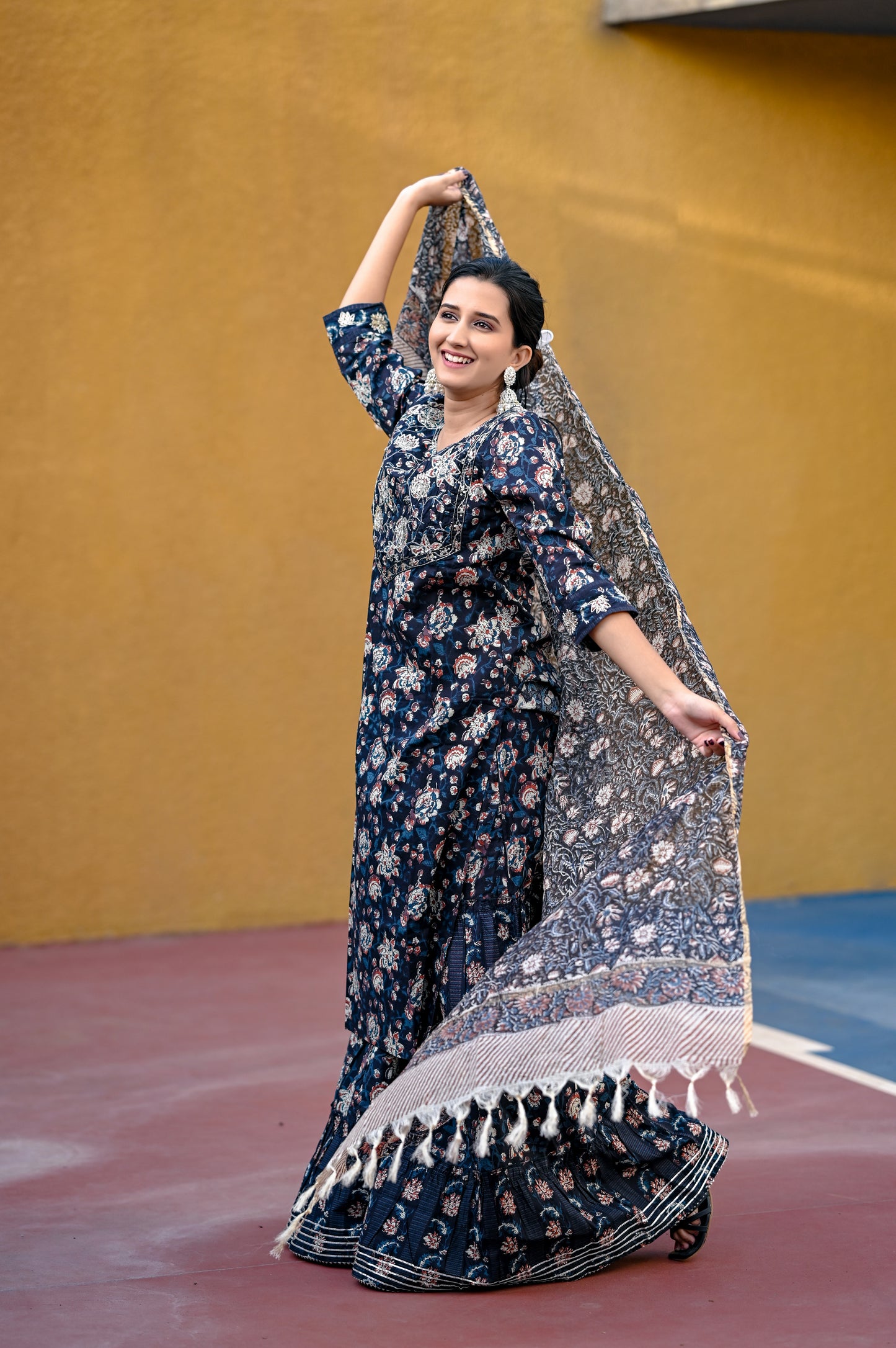 Black Hand Block Printed Premium Cotton Sharara Set