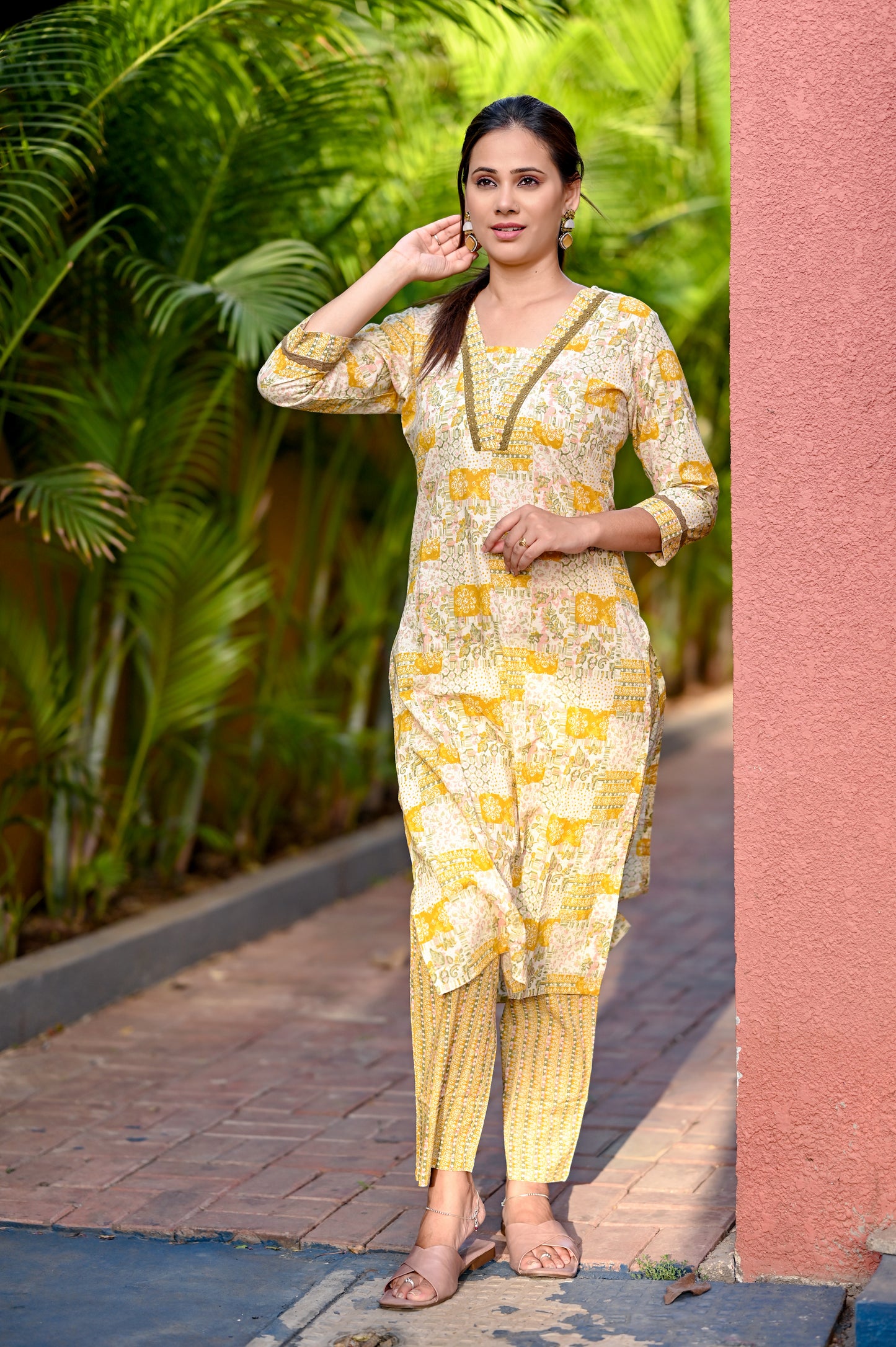 Canary Yellow V Neck Printed Premium Straight Kurta Pant Set