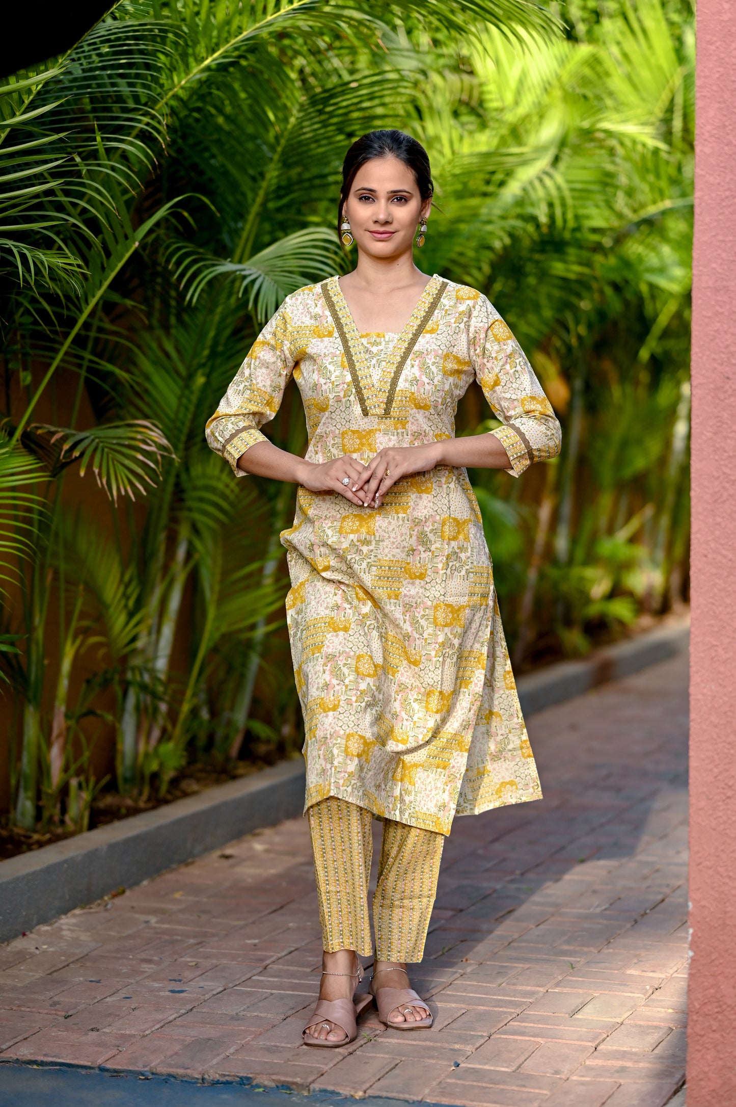 Canary Yellow V Neck Printed Premium Straight Kurta Pant Set