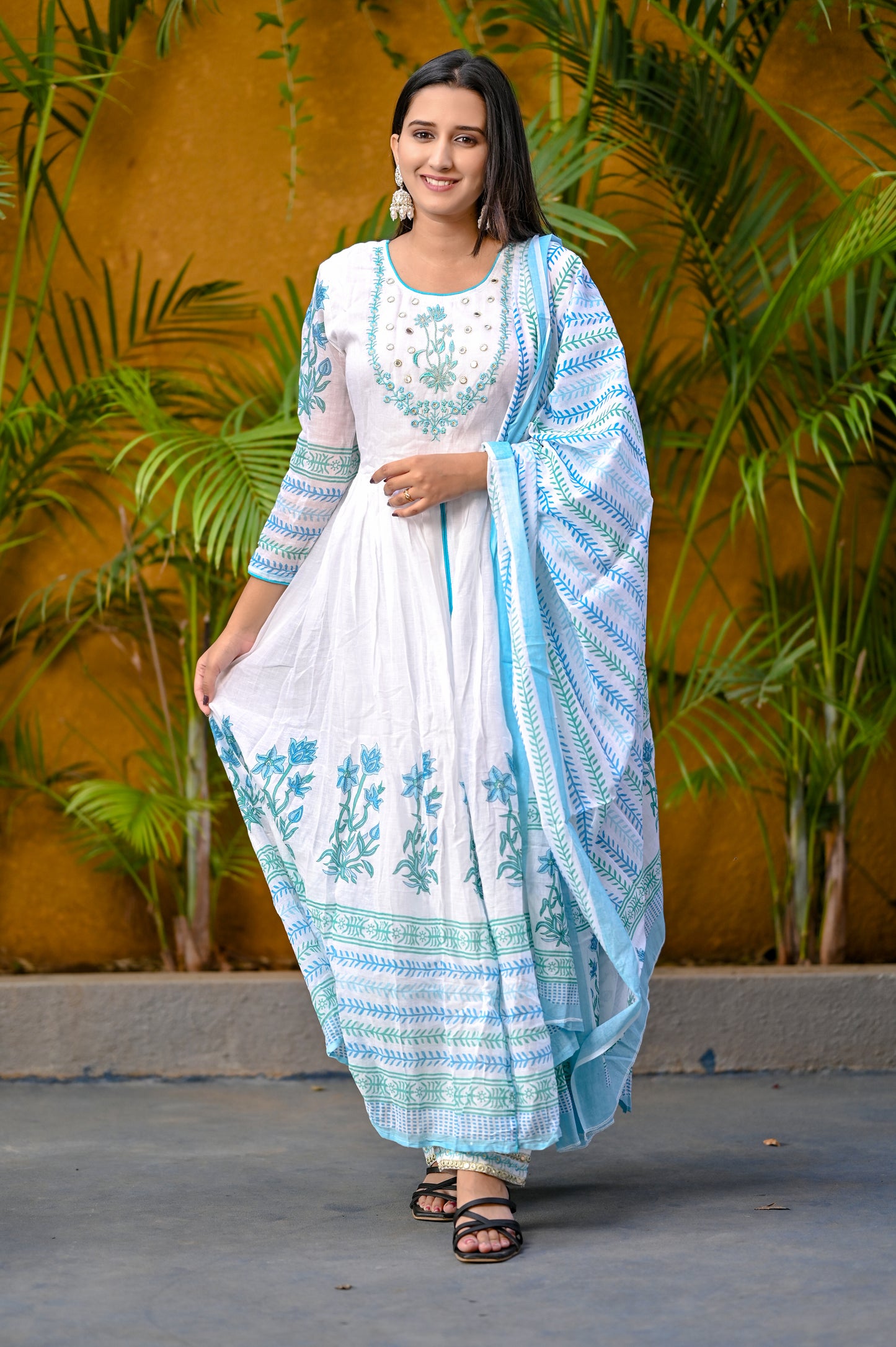 White Floral Block Printed Front Slit White Anarkali Kurta Pant Dupatta Set