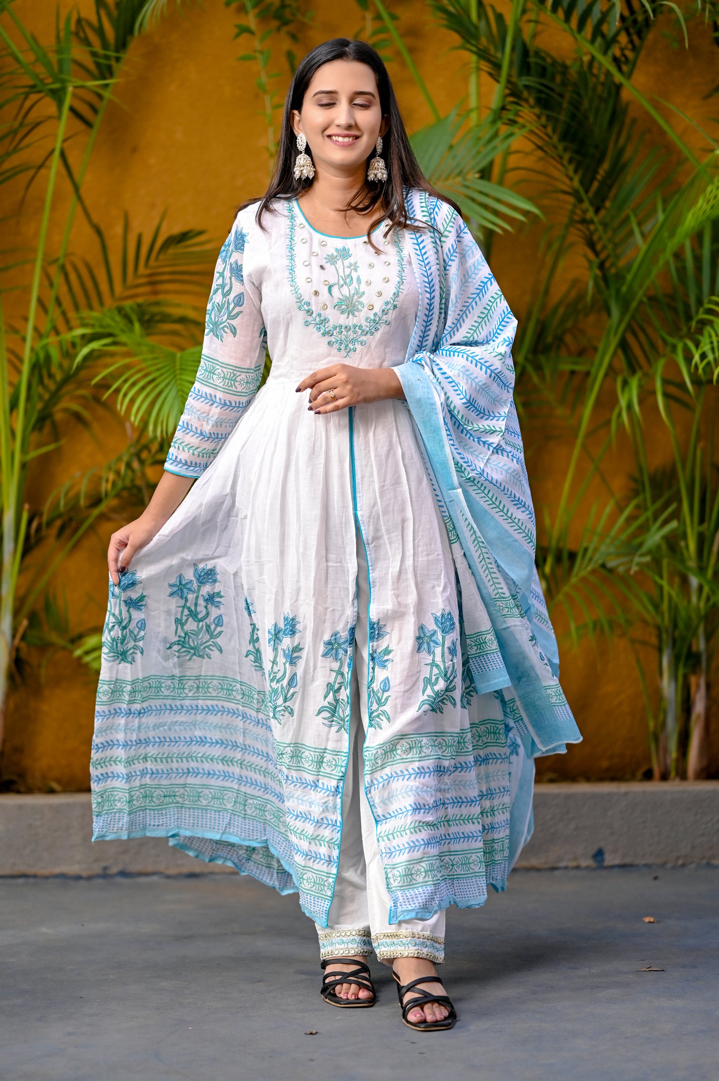 White Floral Block Printed Front Slit White Anarkali Kurta Pant Dupatta Set
