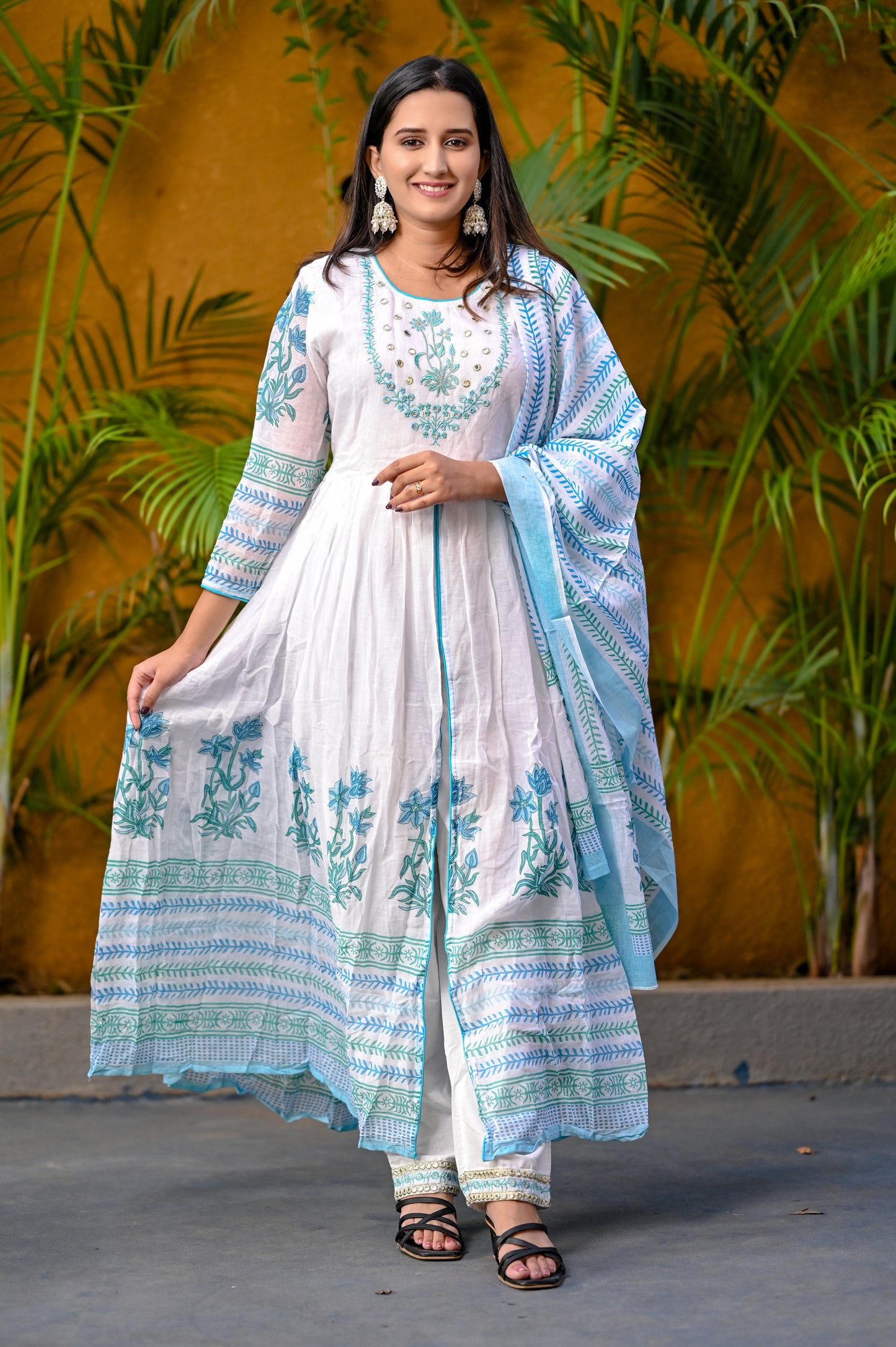 White Floral Block Printed Front Slit White Anarkali Kurta Pant Dupatta Set
