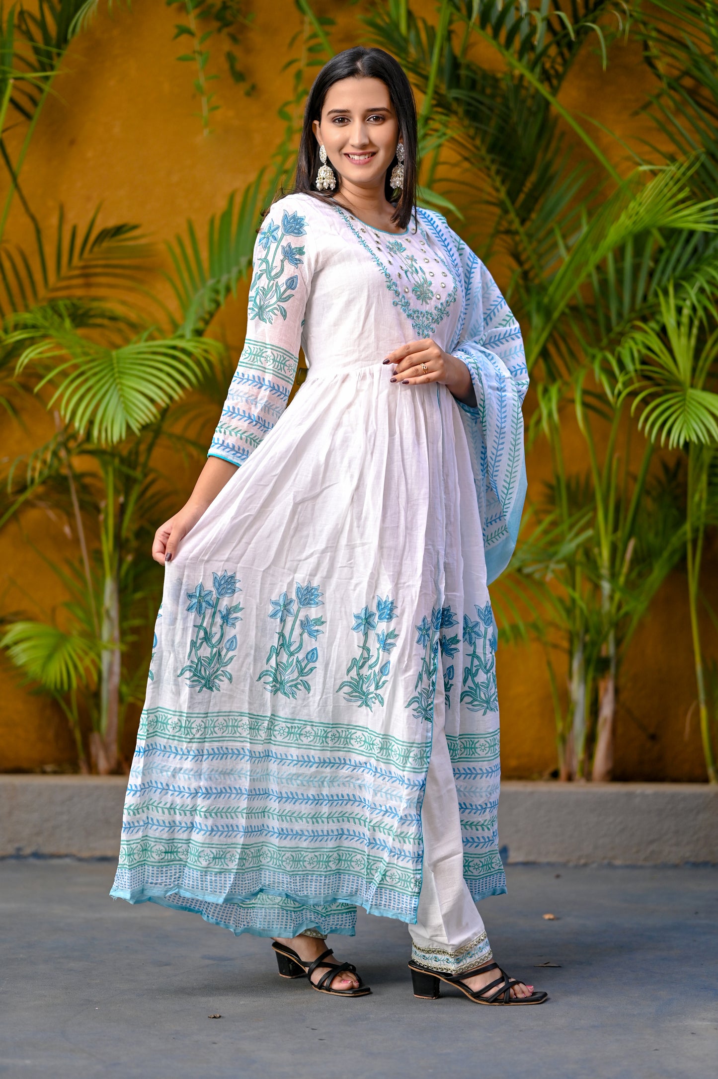 White Floral Block Printed Front Slit White Anarkali Kurta Pant Dupatta Set